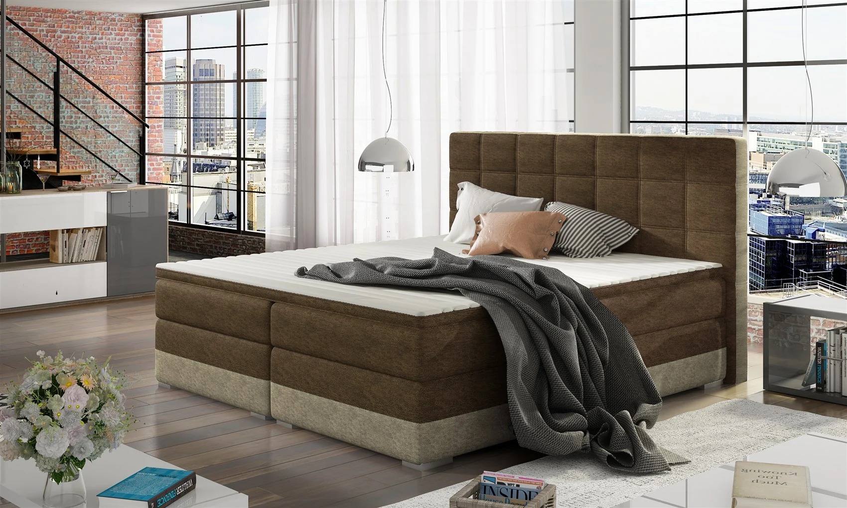 Boxspringbett Bett PRATO Polyesterstoff Dunkelbraun/ Beige 180x200cm - Fun Moebel