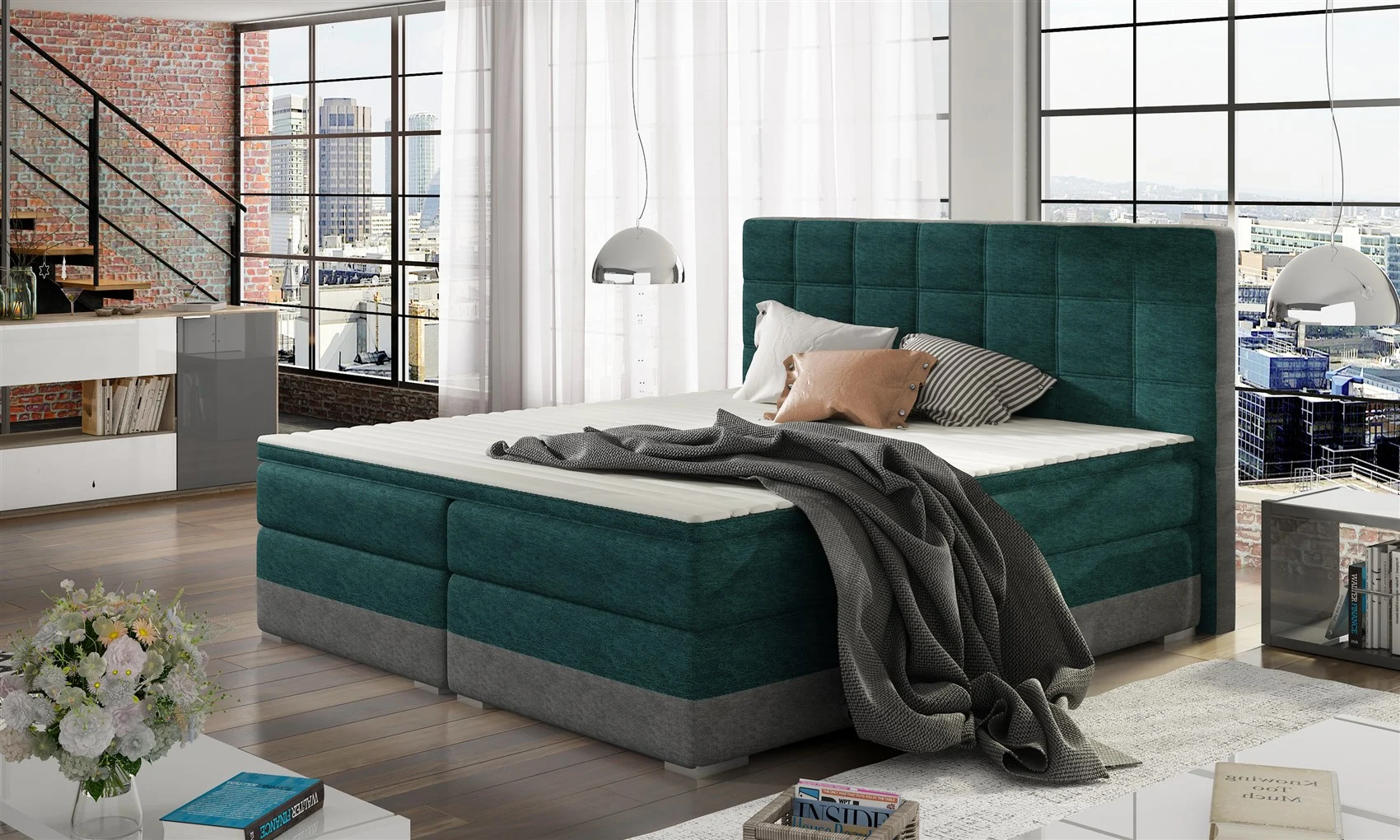 Boxspringbett Bett PRATO Polyesterstoff Dunkelgrün/ Grau 180x200cm - Fun Moebel