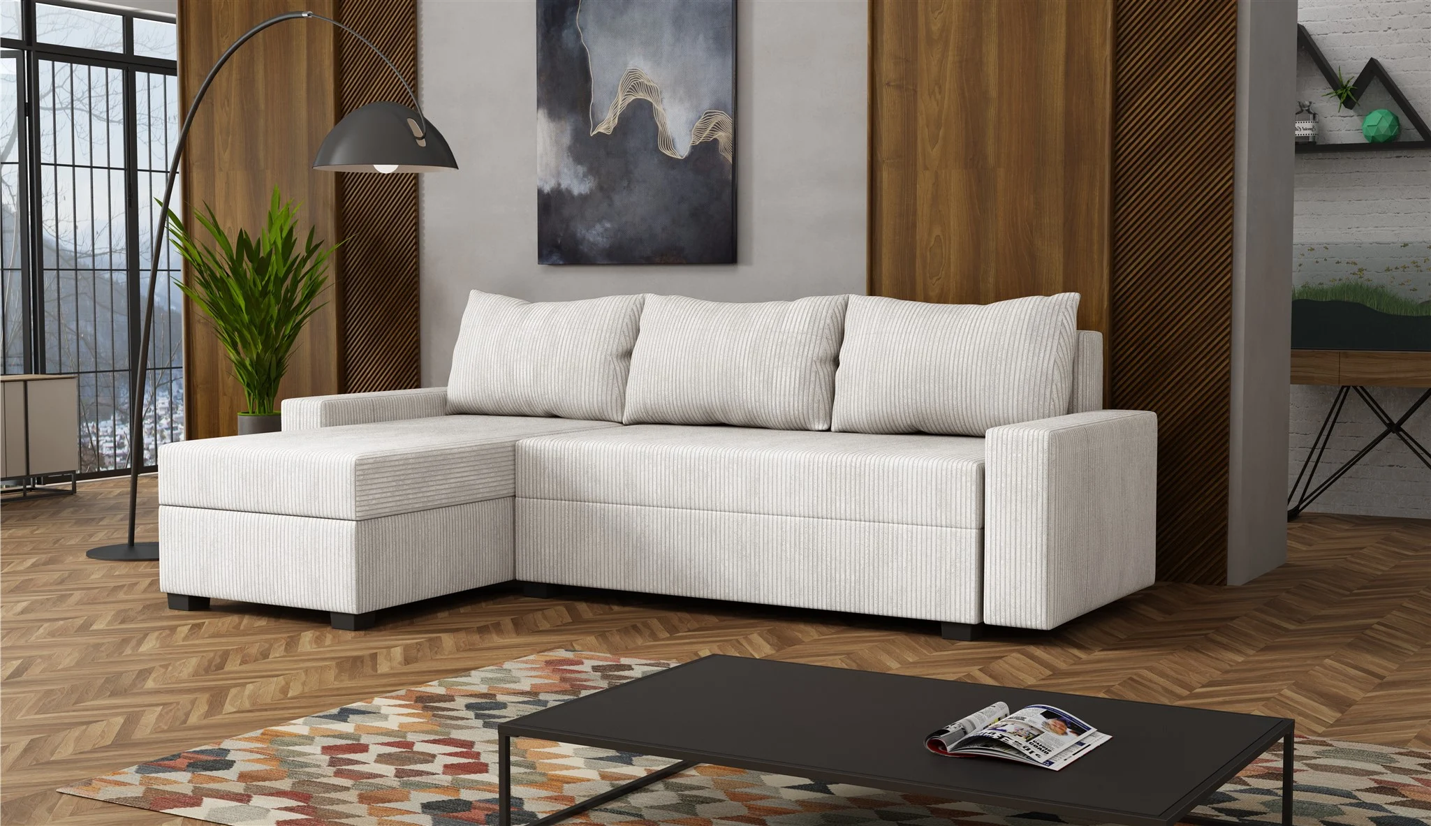 Ecksofa Schlafsofa Sofa AGNETA LUX Stoff Lincoln Creme Ottomane Links - Fun Möbel
