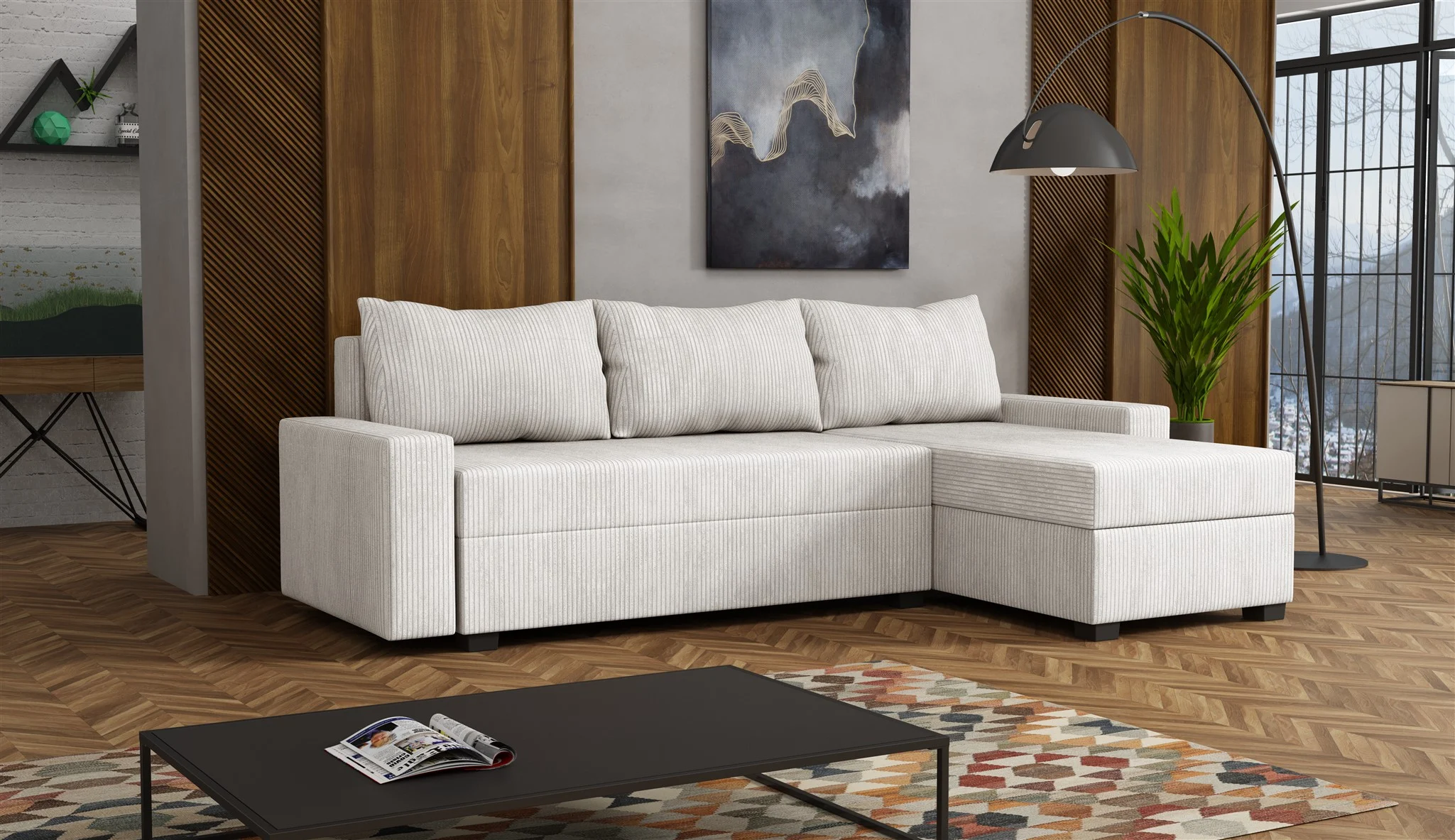 Ecksofa Schlafsofa Sofa AGNETA LUX Stoff Lincoln Creme Ottomane Rechts - Fun Möbel