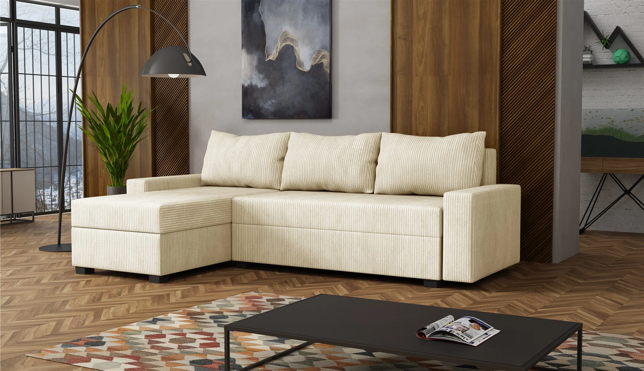 Ecksofa Schlafsofa Sofa AGNETA LUX Stoff Lincoln Beige Ottomane Links - Fun Möbel