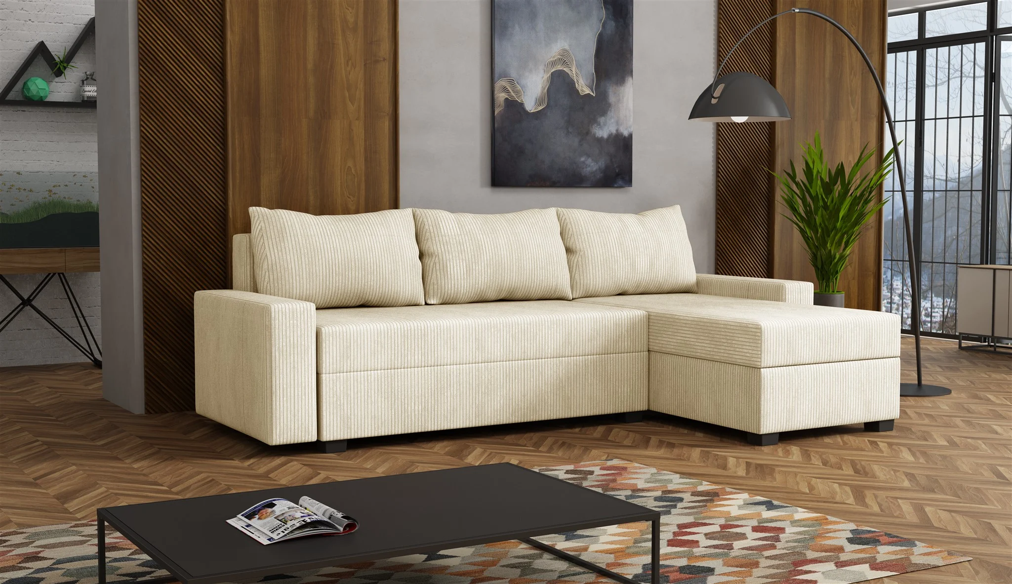 Ecksofa Schlafsofa Sofa AGNETA LUX Stoff Lincoln Beige Ottomane Rechts - Fun Möbel