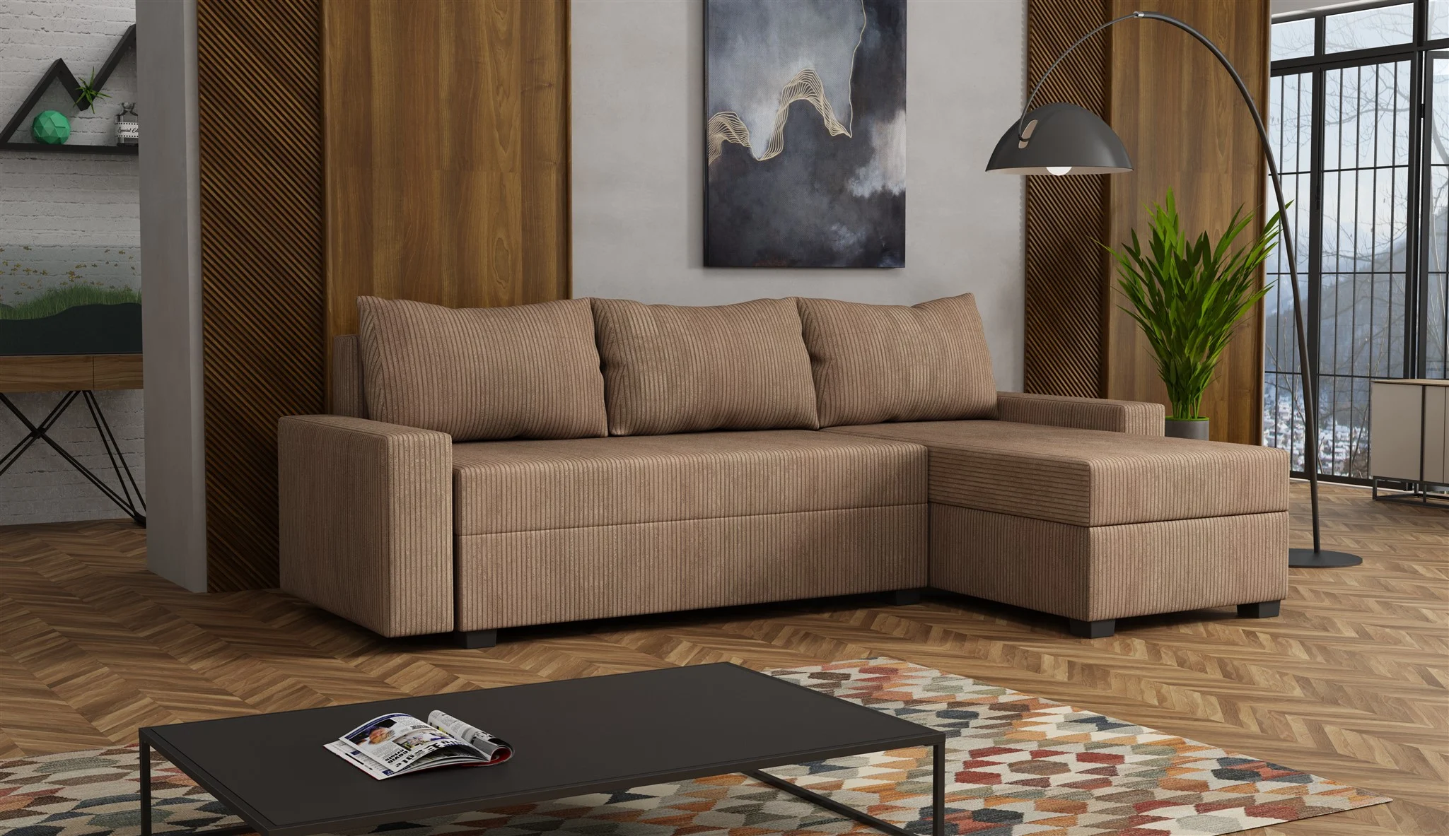 Ecksofa Schlafsofa Sofa AGNETA LUX Stoff Lincoln Cappuccino Ottomane Rechts - Fun Möbel