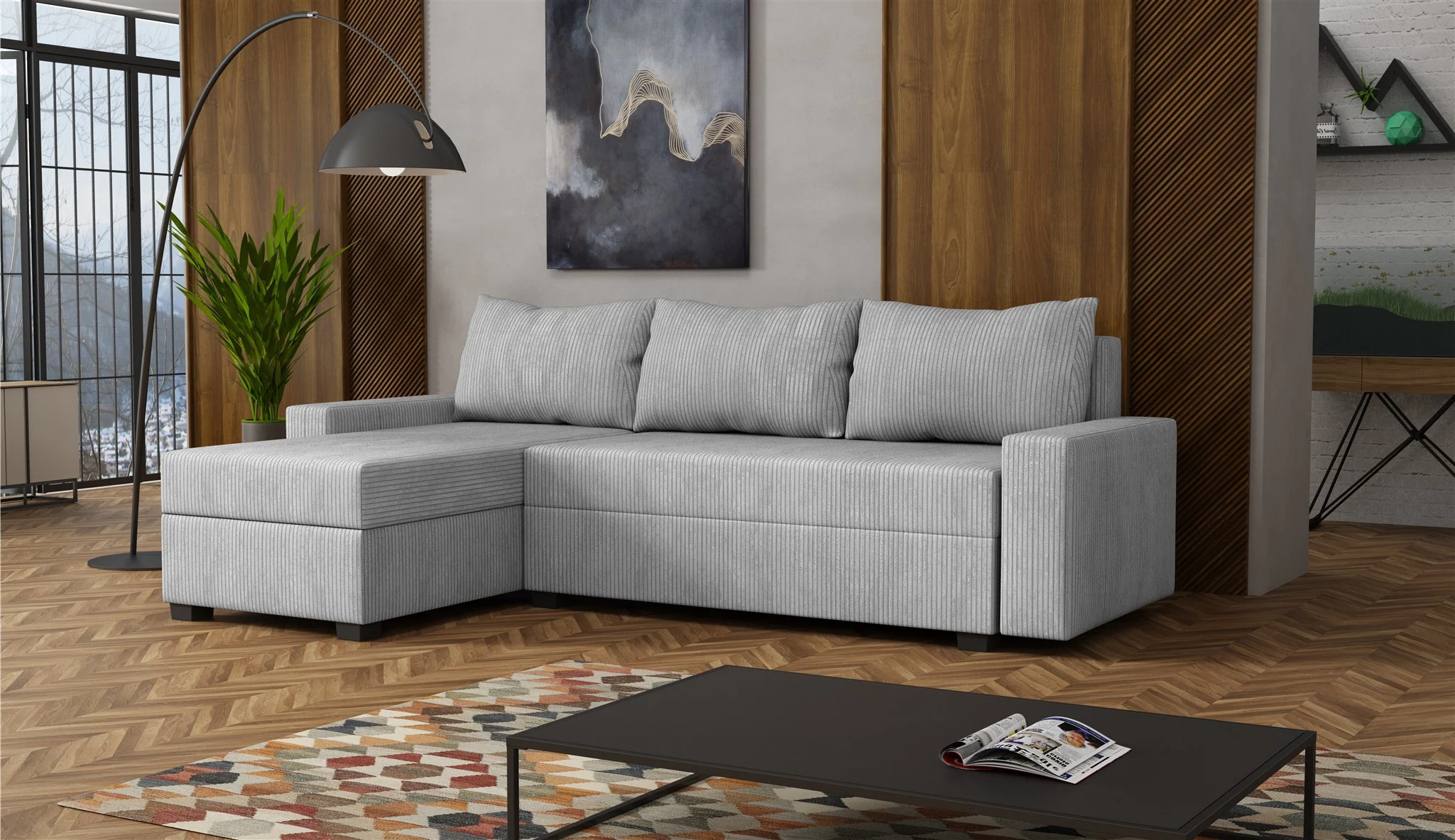 Ecksofa Schlafsofa Sofa AGNETA LUX Stoff Lincoln Hellgrau Ottomane Links - Fun Möbel