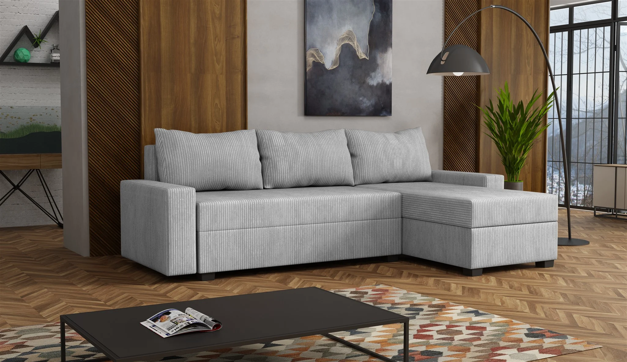 Ecksofa Schlafsofa Sofa AGNETA LUX Stoff Lincoln Hellgrau Ottomane Rechts - Fun Möbel