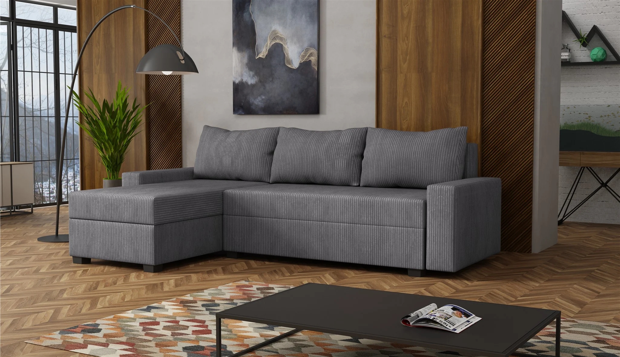 Ecksofa Schlafsofa Sofa AGNETA LUX Stoff Lincoln Dunkelgrau Ottomane Links - Fun Möbel