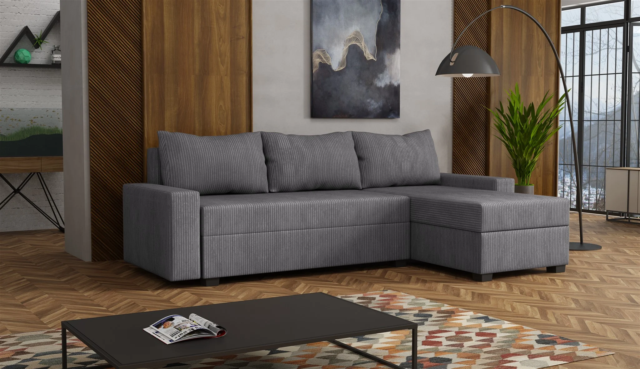 Ecksofa Schlafsofa Sofa AGNETA LUX Stoff Lincoln Dunkelgrau Ottomane Rechts - Fun Möbel