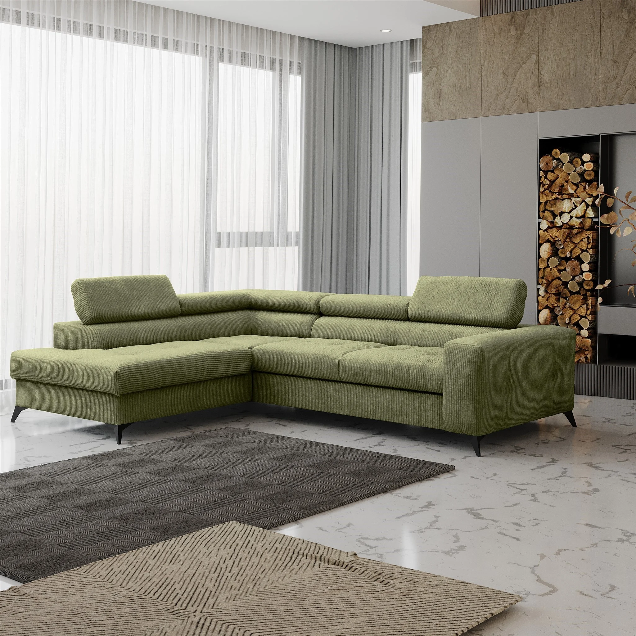 Ecksofa Schlafsofa AMADEO Stoff Anafi Limettengrün Ottomane Links - Fun Möbel