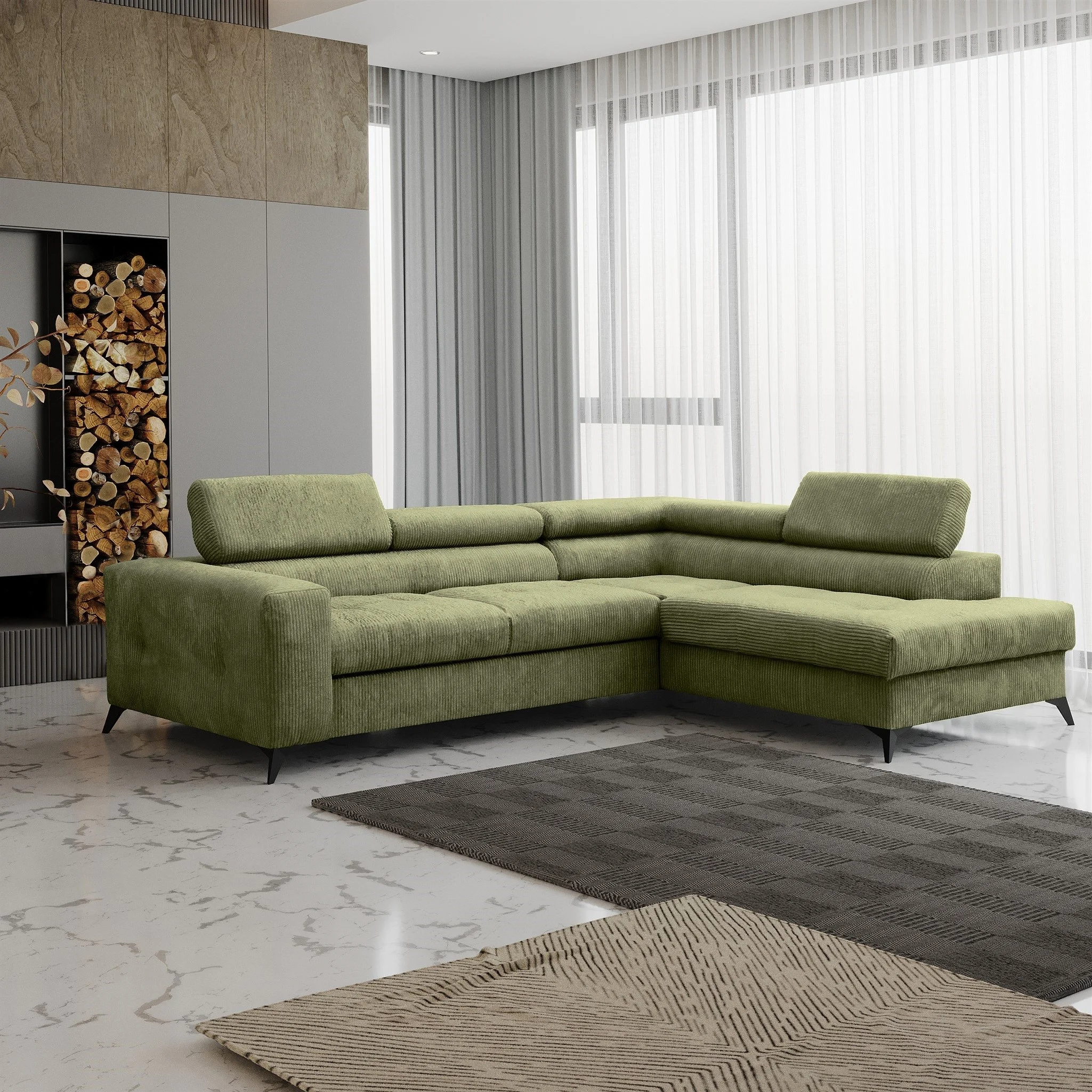 Ecksofa Schlafsofa AMADEO Stoff Anafi Limettengrün Ottomane Rechts - Fun Möbel