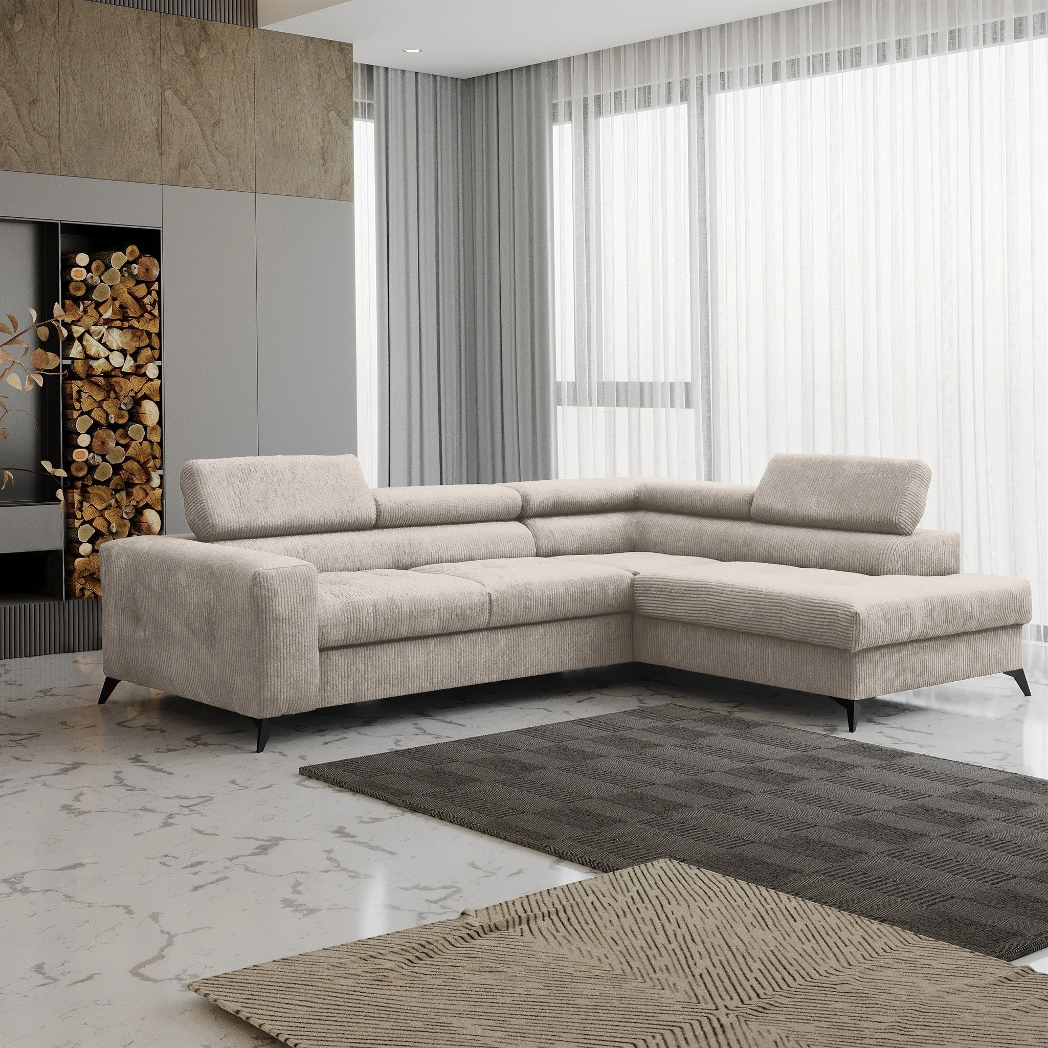 Ecksofa Schlafsofa AMADEO Stoff Anafi Creme Ottomane Rechts - Fun Möbel