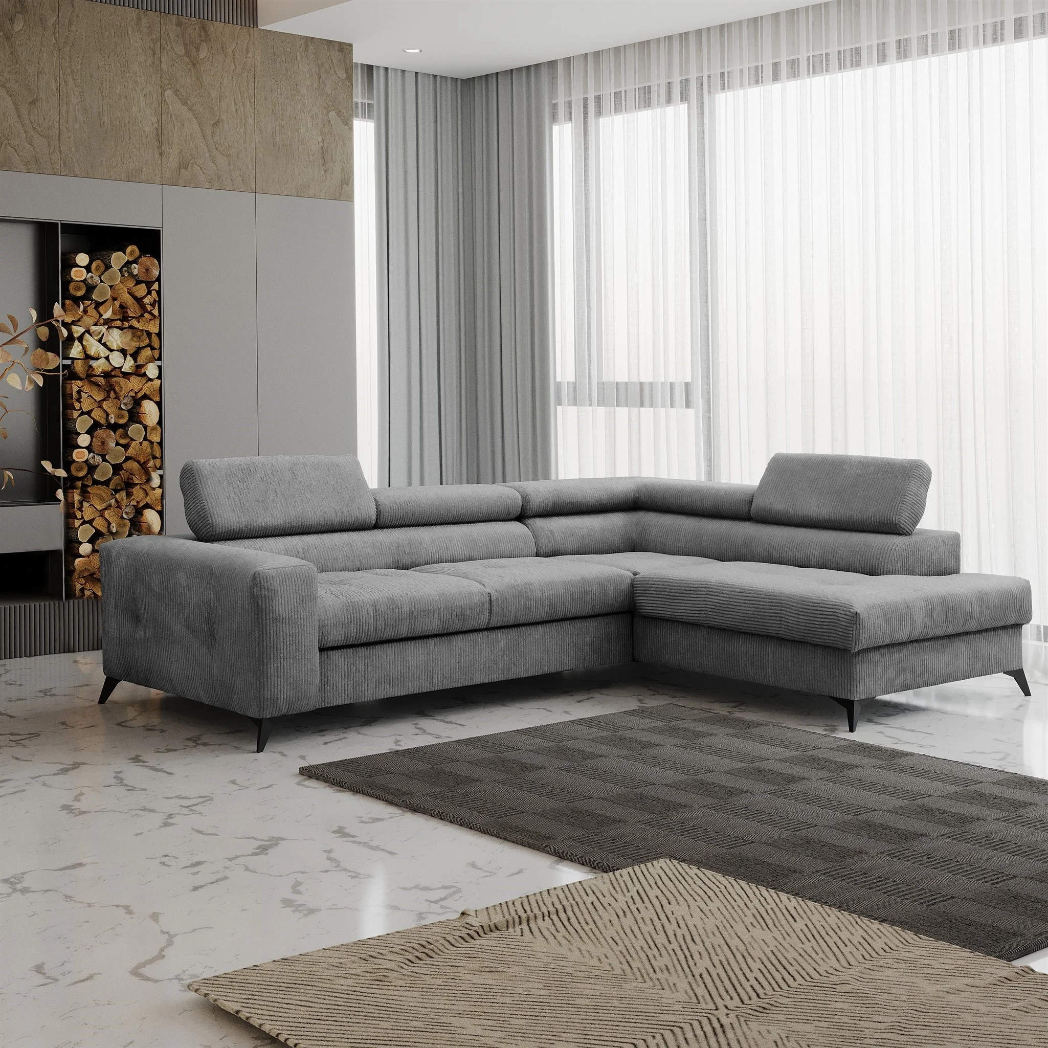 Ecksofa Schlafsofa AMADEO Stoff Anafi Anthrazit Ottomane Rechts - Fun Möbel
