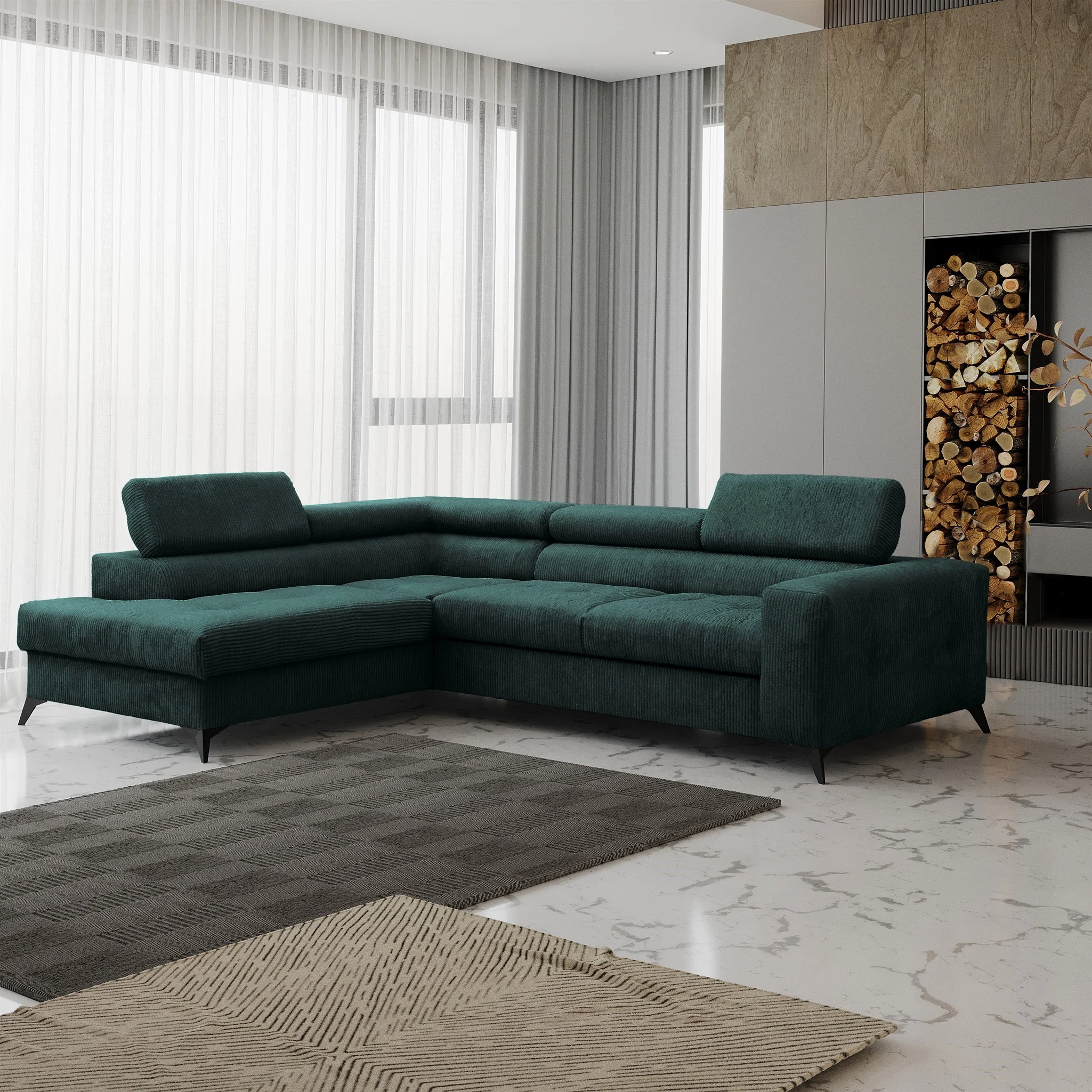 Ecksofa Schlafsofa AMADEO Stoff Anafi Grün Ottomane Links - Fun Möbel