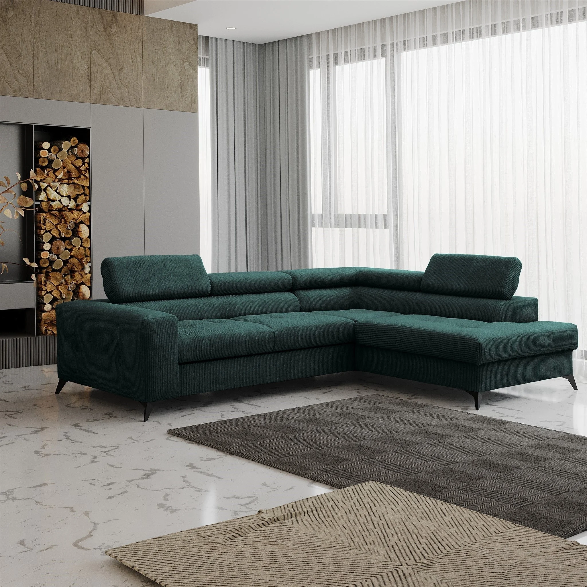 Ecksofa Schlafsofa AMADEO Stoff Anafi Grün Ottomane Rechts - Fun Möbel