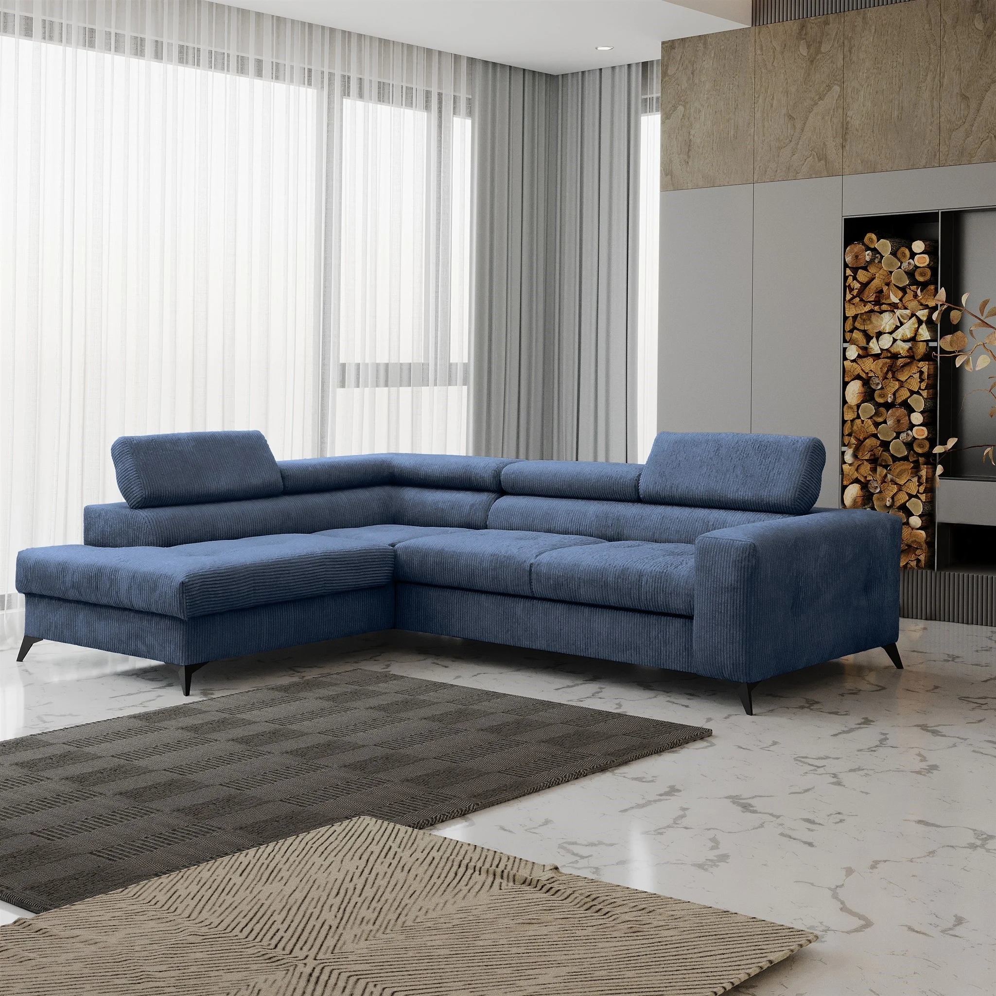 Ecksofa Schlafsofa AMADEO Stoff Anafi Blau Ottomane Links - Fun Möbel