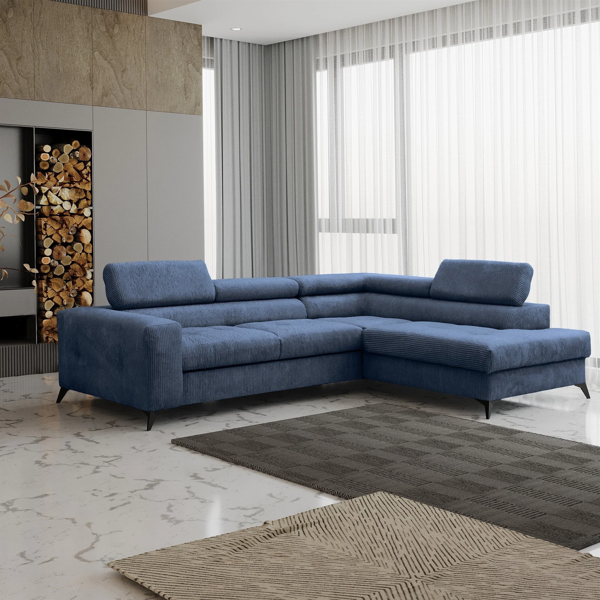 Ecksofa Schlafsofa AMADEO Stoff Anafi Blau Ottomane Rechts - Fun Möbel