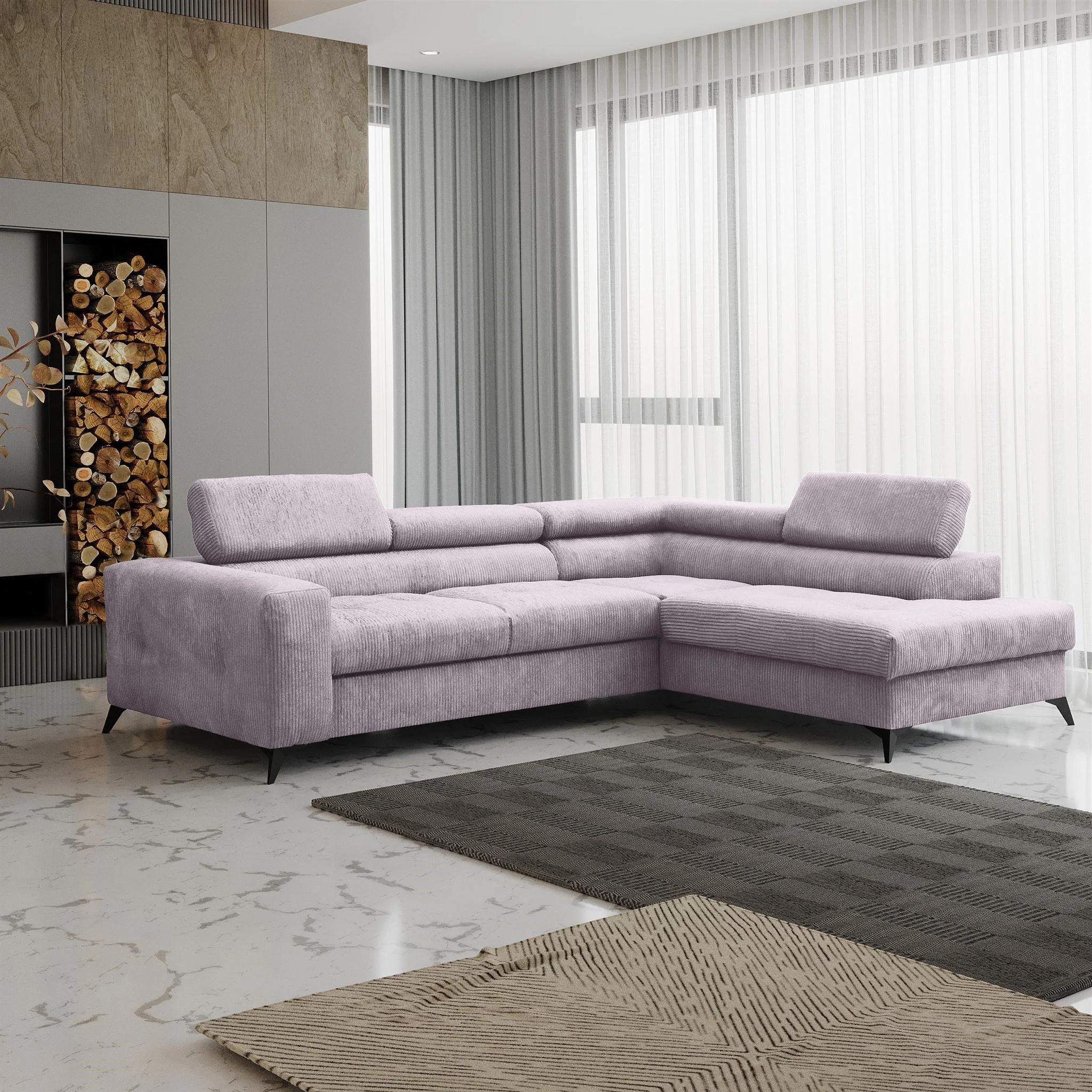 Ecksofa Schlafsofa AMADEO Stoff Anafi Lavendel Ottomane Rechts - Fun Möbel