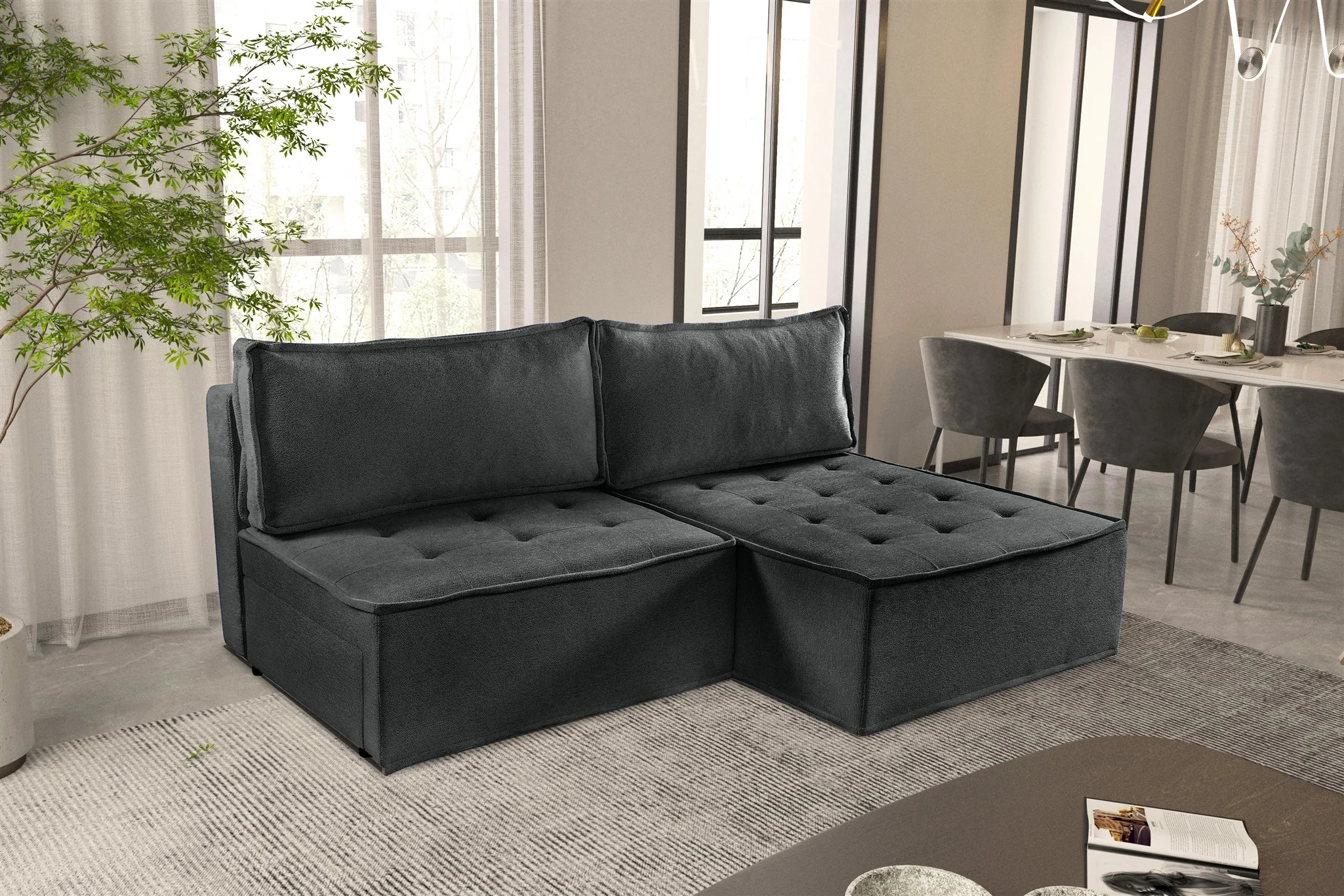 Ecksofa Schlafsofa AMALIA Stoff Raven Anthrazit Ottomane Rechts - Fun Möbel