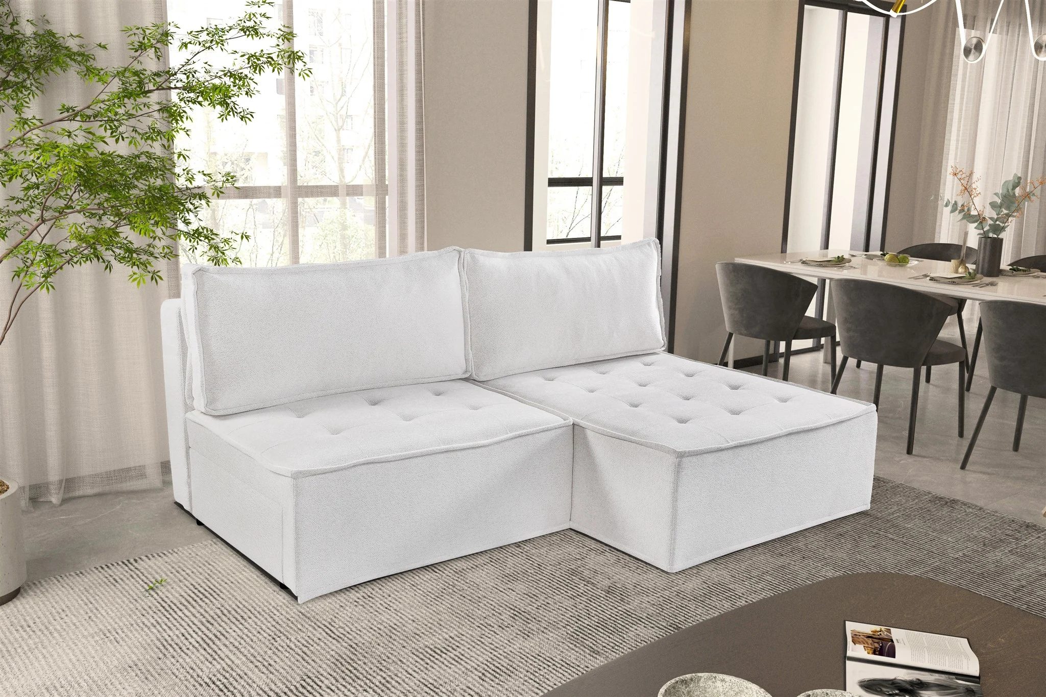 Ecksofa Schlafsofa AMALIA Stoff Raven Weiß Ottomane Rechts - Fun Möbel
