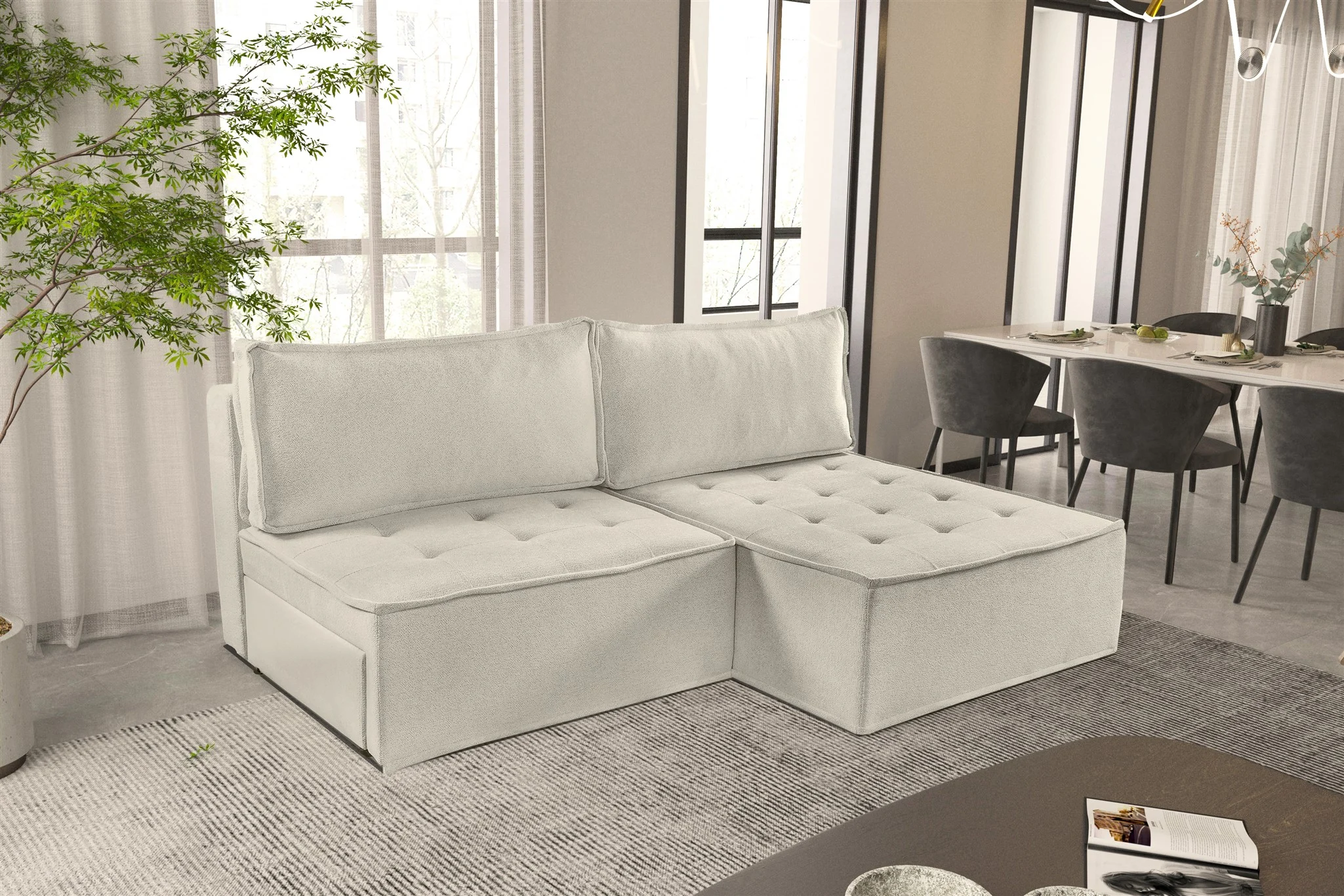 Ecksofa Schlafsofa AMALIA Stoff Raven Creme Ottomane Rechts - Fun Möbel