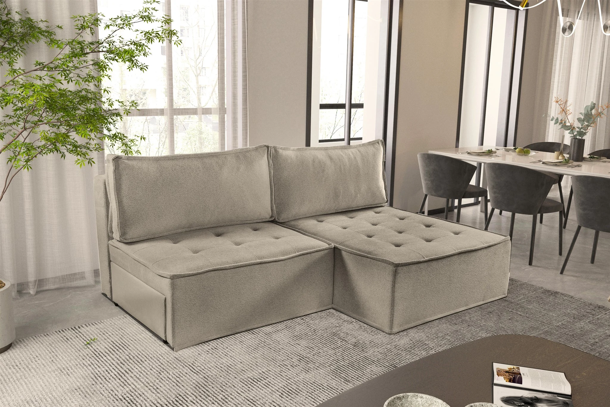 Ecksofa Schlafsofa AMALIA Stoff Raven Taupe Ottomane Rechts - Fun Möbel