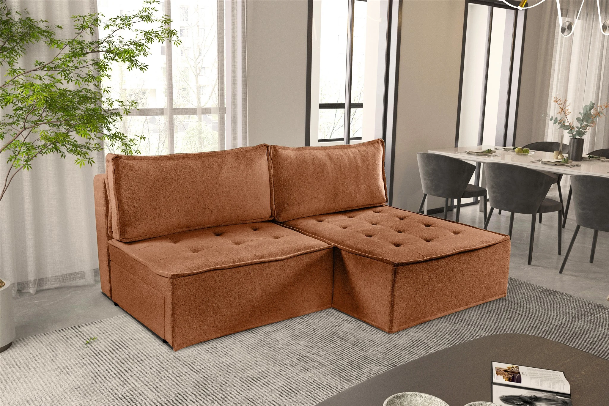 Ecksofa Schlafsofa AMALIA Stoff Raven Rostbraun Ottomane Rechts - Fun Möbel