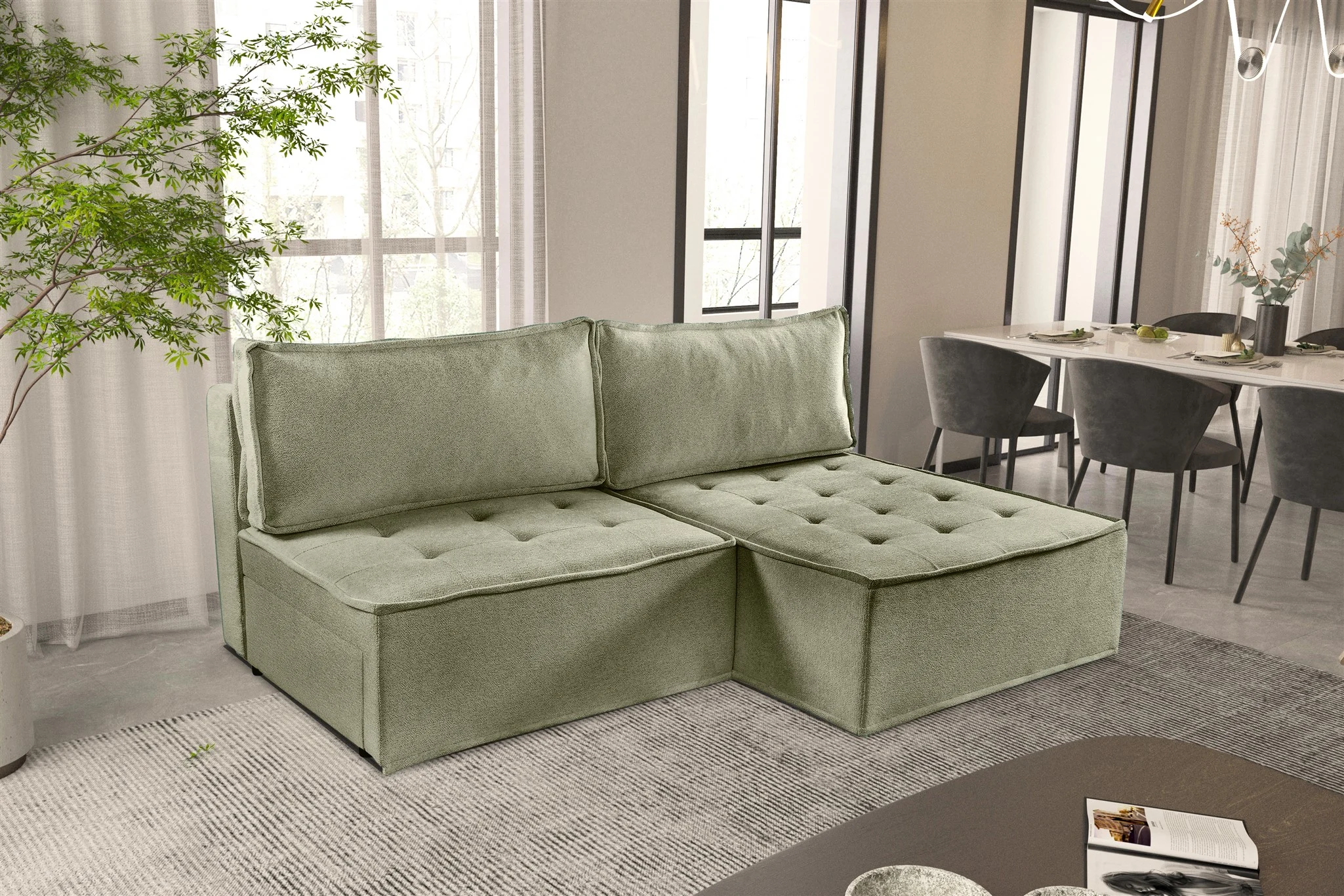 Ecksofa Schlafsofa AMALIA Stoff Raven Grün Ottomane Rechts - Fun Möbel