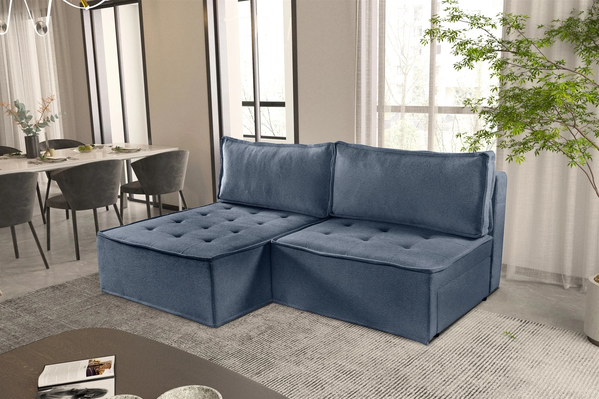 Ecksofa Schlafsofa AMALIA Stoff Raven Blau Ottomane Links - Fun Möbel
