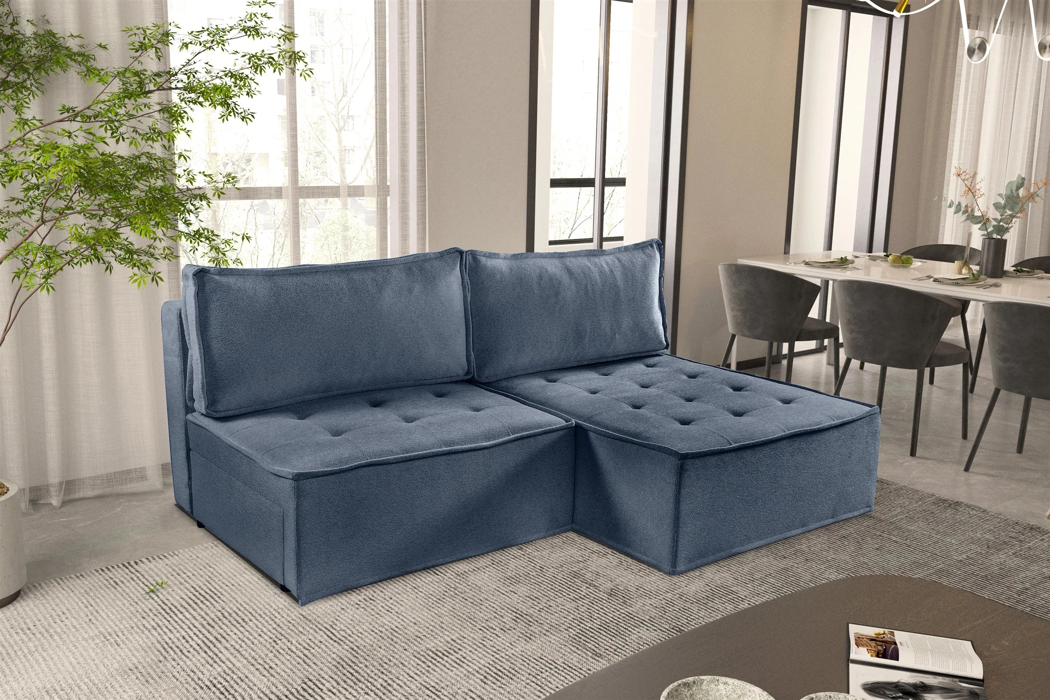Ecksofa Schlafsofa AMALIA Stoff Raven Blau Ottomane Rechts - Fun Möbel
