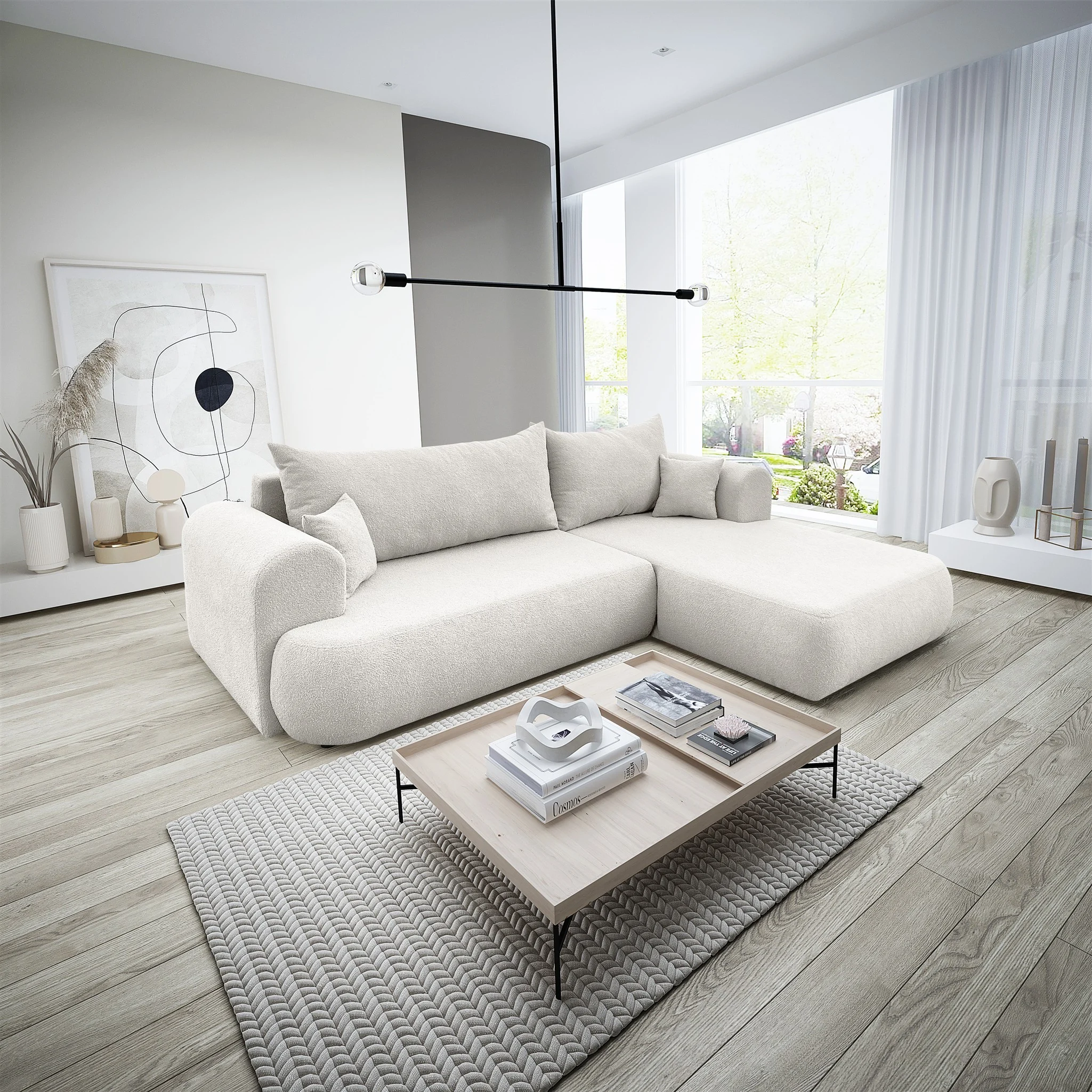 Ecksofa Schlafsofa ANIKE Stoff Now or Never Creme Ottomane Rechts - Fun Möbel