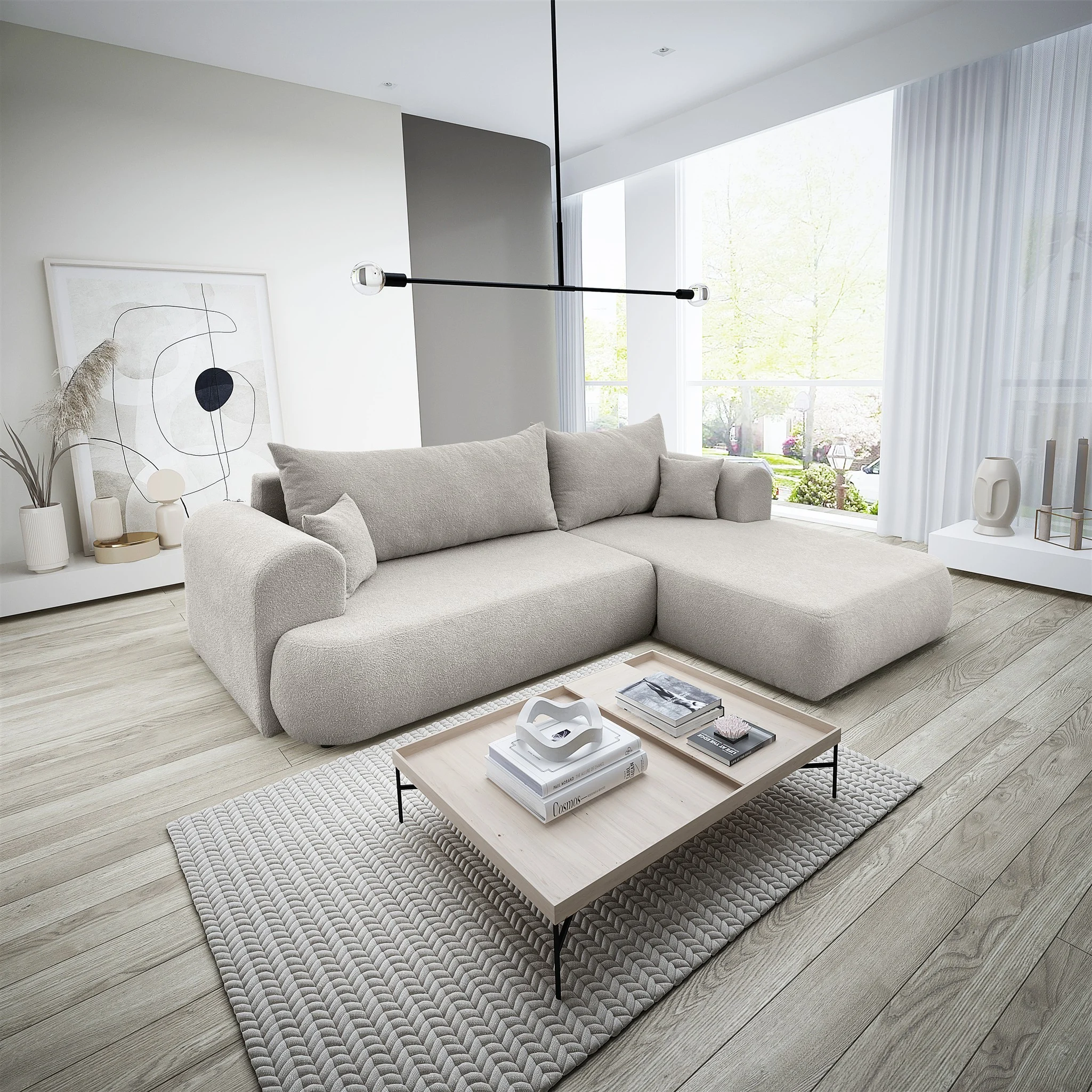Ecksofa Schlafsofa ANIKE Stoff Now or Never Beige Ottomane Rechts - Fun Möbel