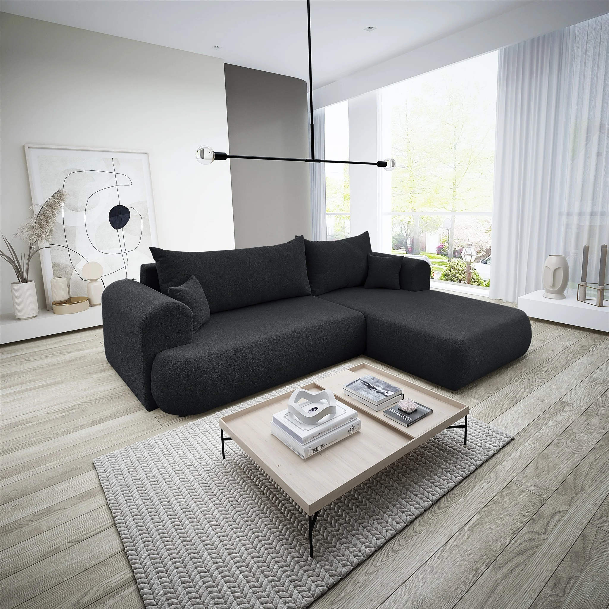 Ecksofa Schlafsofa ANIKE Stoff Now or Never Schwarz Ottomane Rechts - Fun Möbel