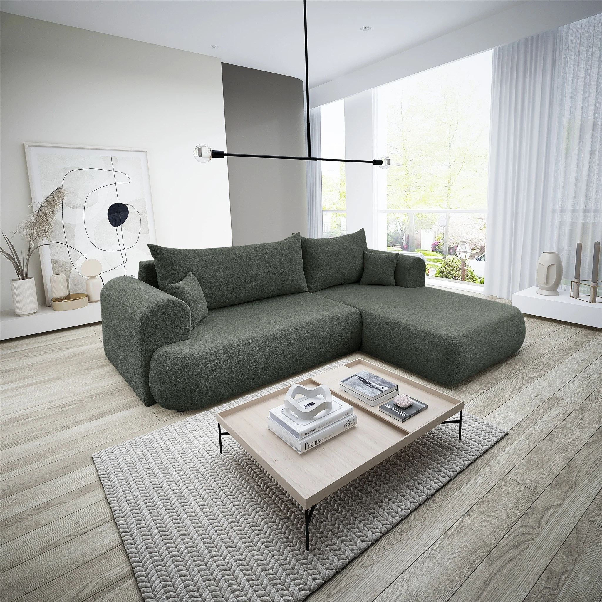 Ecksofa Schlafsofa ANIKE Stoff Now or Never Grüngrau Ottomane Rechts - Fun Möbel