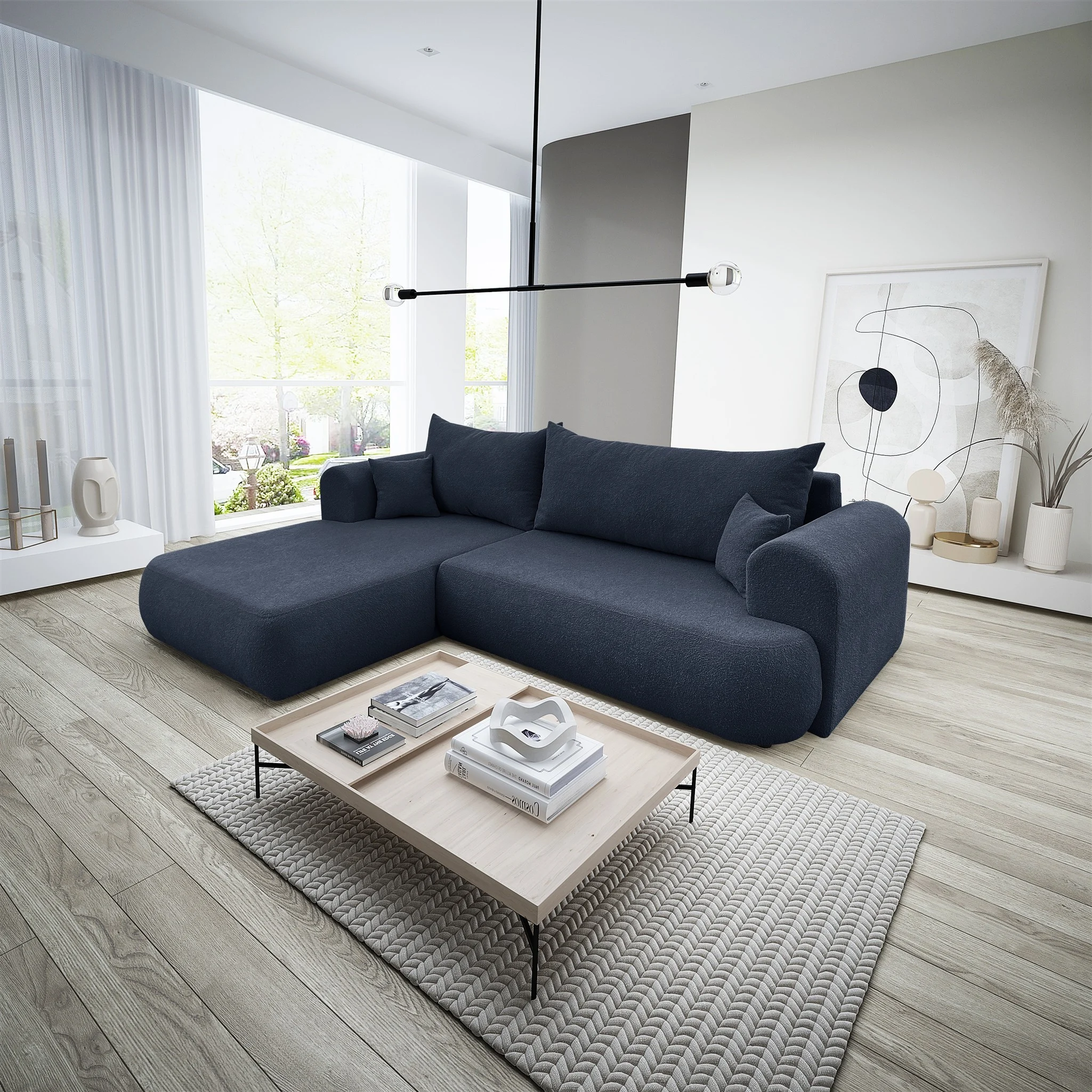 Ecksofa Schlafsofa ANIKE Stoff Now or Never Dunkelblau Ottomane Links - Fun Möbel