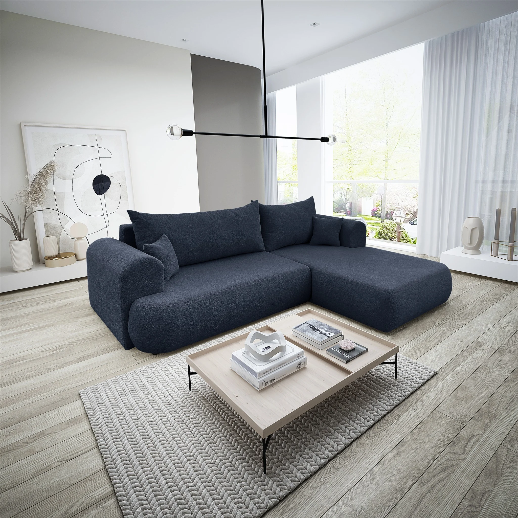 Ecksofa Schlafsofa ANIKE Stoff Now or Never Dunkelblau Ottomane Rechts - Fun Möbel