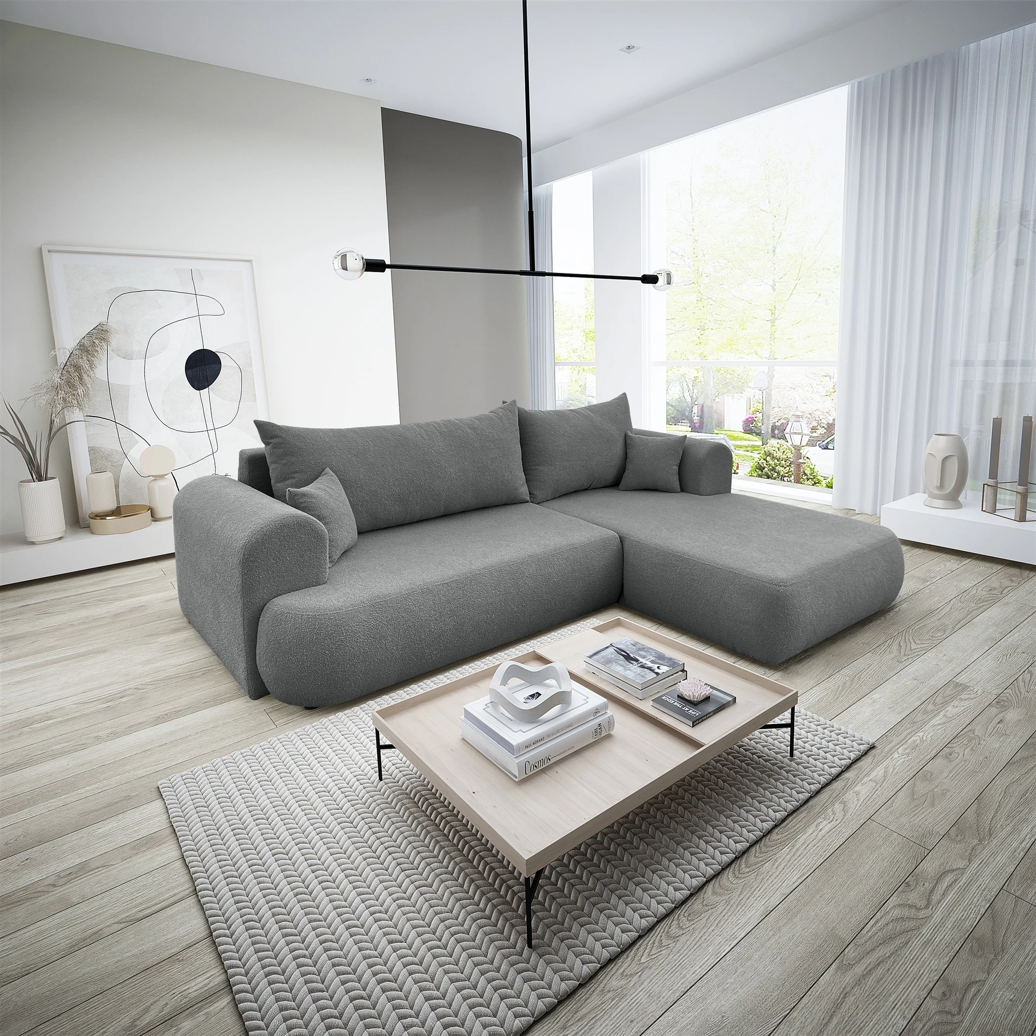 Ecksofa Schlafsofa ANIKE Stoff Now or Never Dunkelgrau Ottomane Rechts - Fun Möbel
