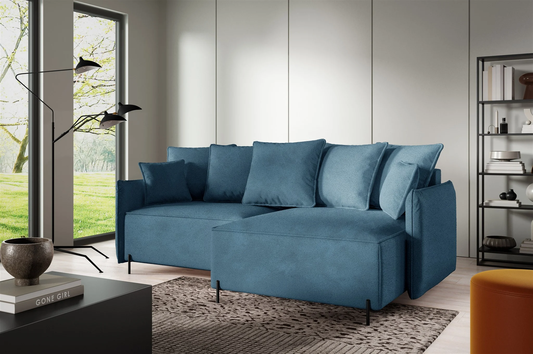 Ecksofa Schlafsofa BETTO Stoff Now or Never Meeresblau Ottomane Rechts - Fun Möbel