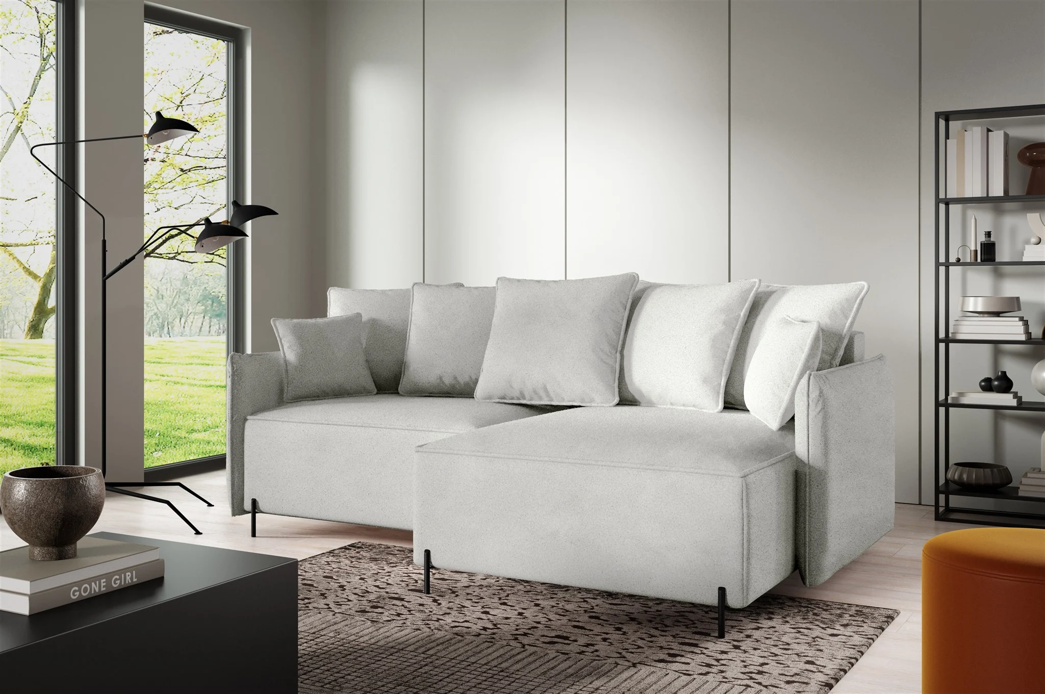 Ecksofa Schlafsofa BETTO Stoff Now or Never Hellgrau Ottomane Rechts - Fun Möbel