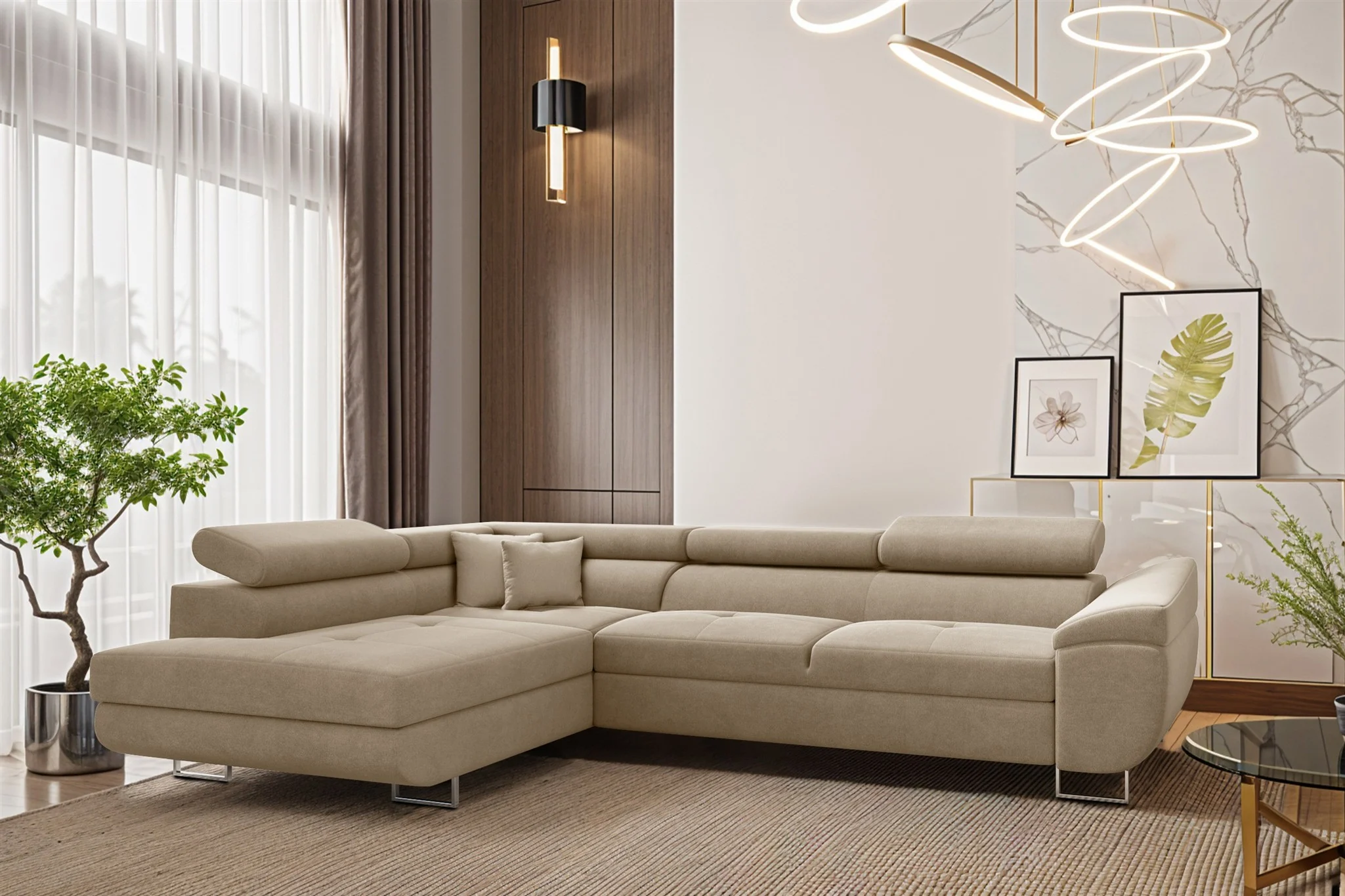 Ecksofa Schlafsofa Sofa CARMELO in Stoff Nova Beige Ottomane Links - Fun Möbel