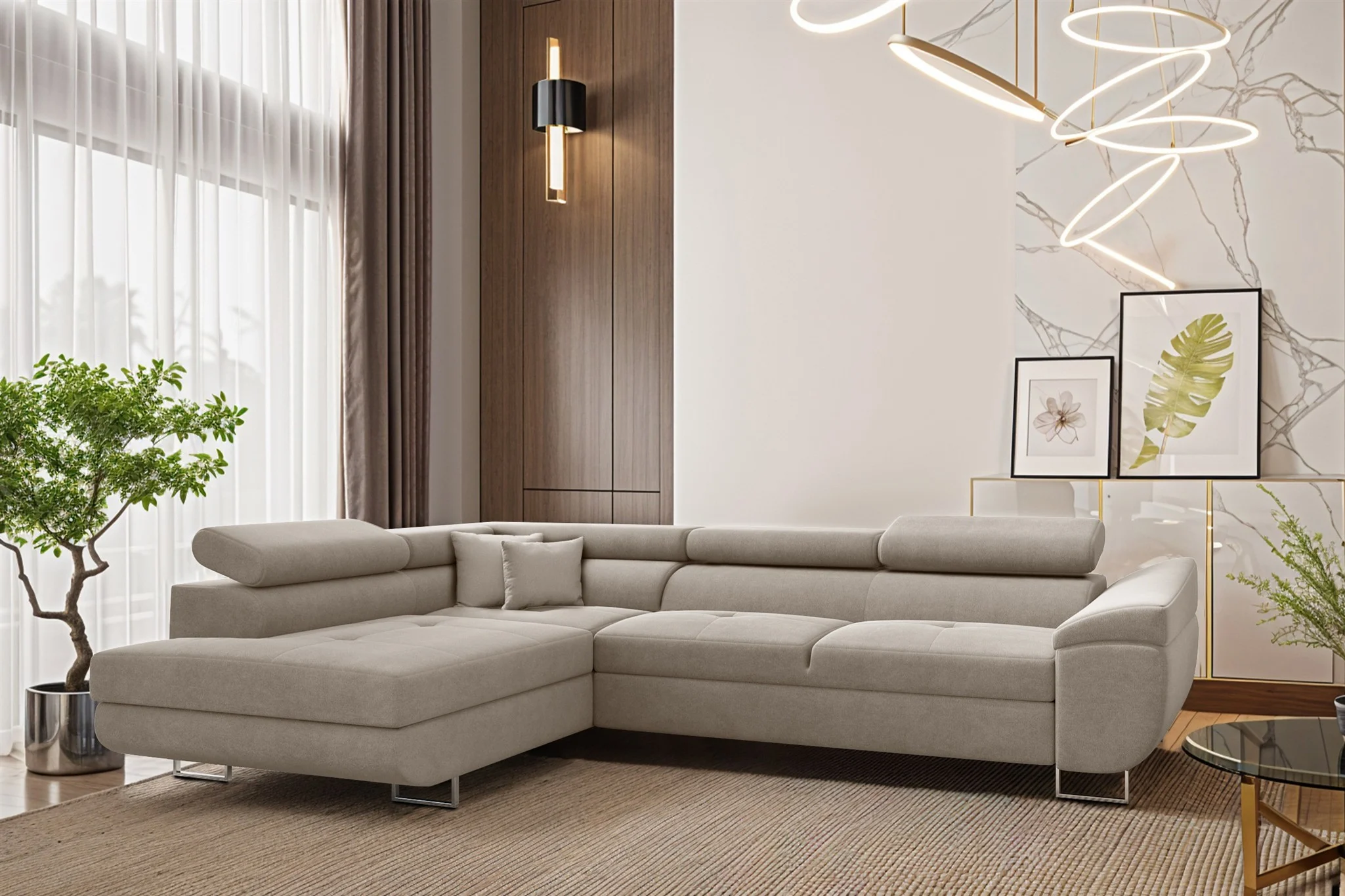 Ecksofa Schlafsofa Sofa CARMELO in Stoff Nova Hellgrau Ottomane Links - Fun Möbel