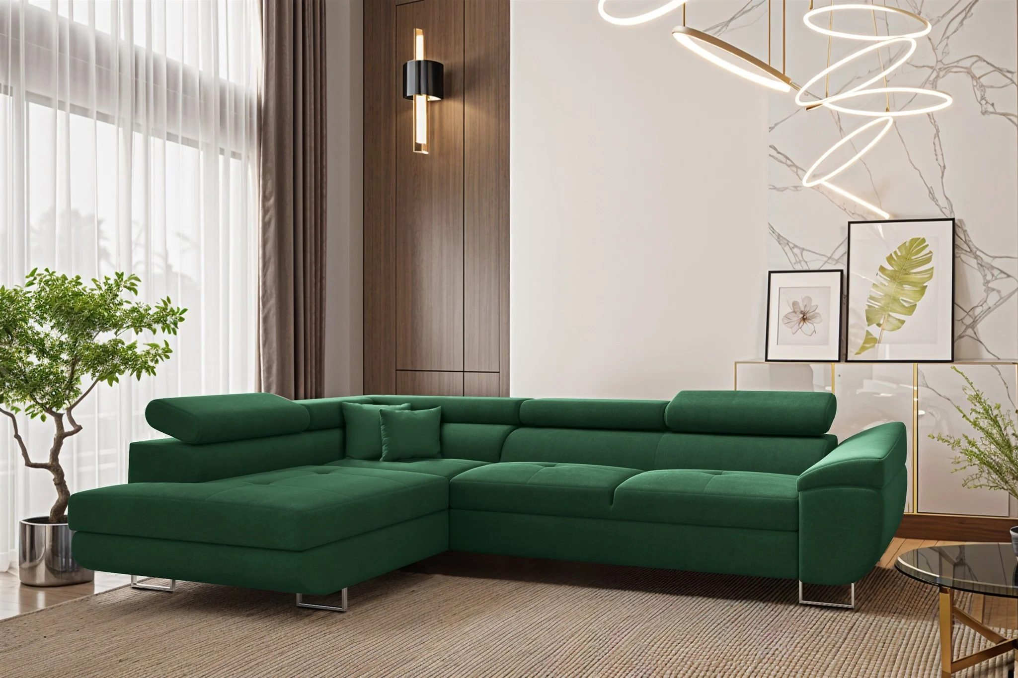 Ecksofa Schlafsofa Sofa CARMELO in Stoff Nova Grün Ottomane Links - Fun Möbel
