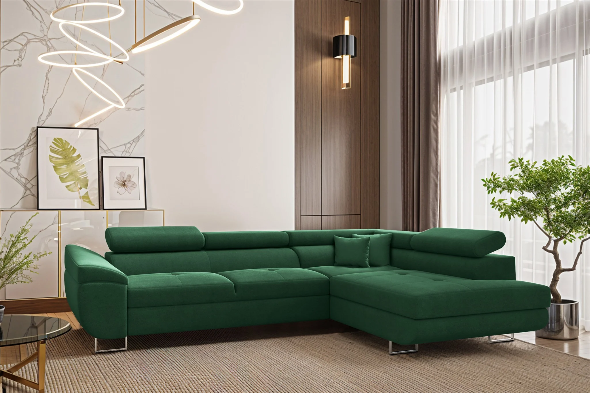 Ecksofa Schlafsofa Sofa CARMELO in Stoff Nova Grün Ottomane Rechts - Fun Möbel
