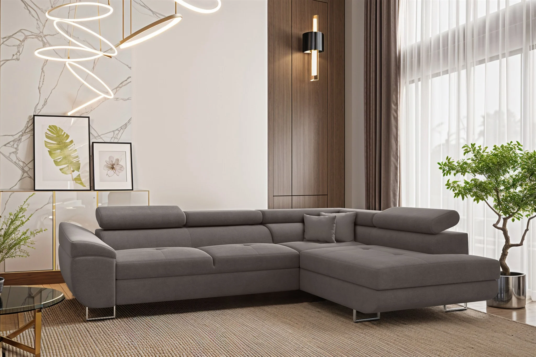 Ecksofa Schlafsofa Sofa CARMELO in Stoff Nova Grau Ottomane Rechts - Fun Möbel