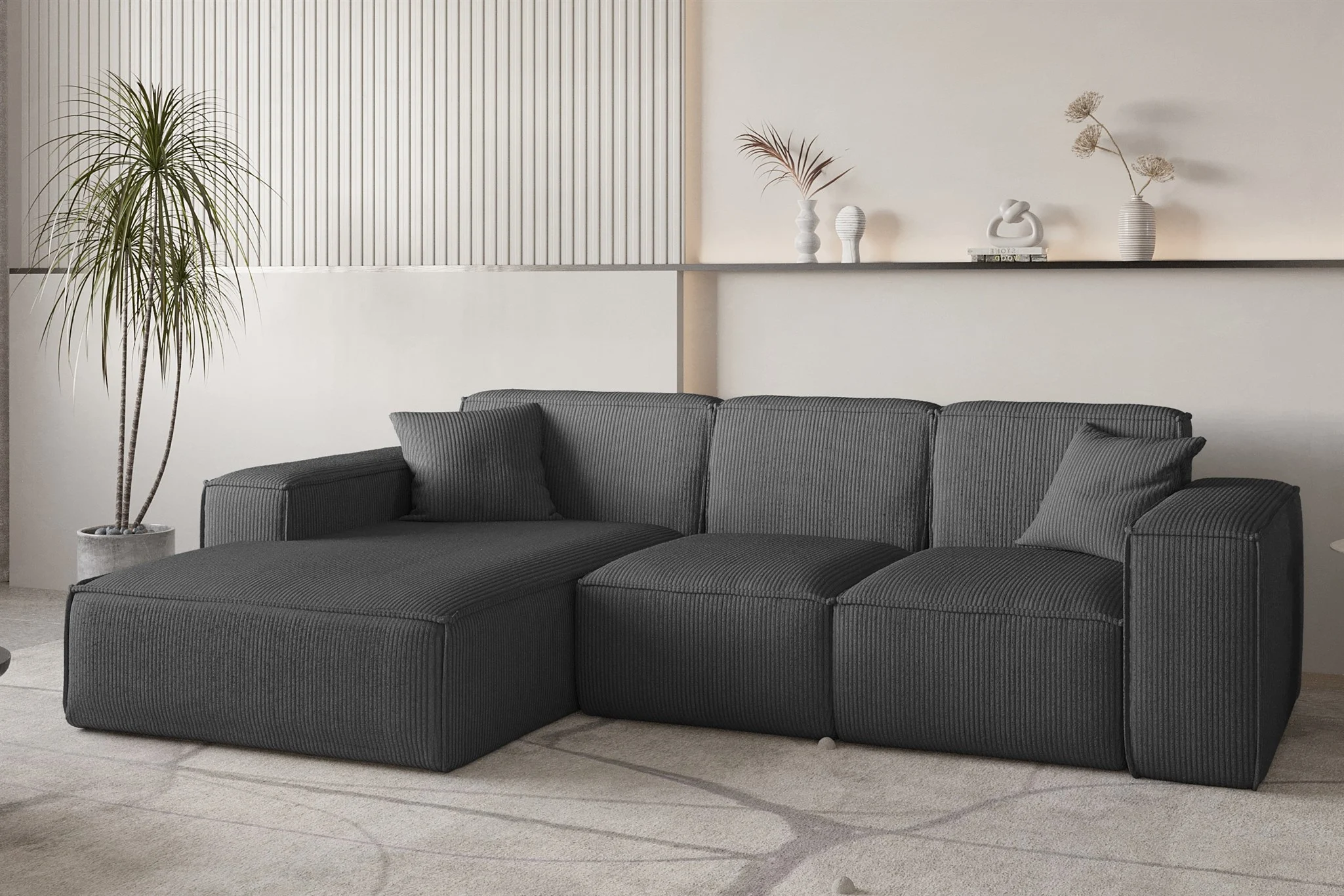 Ecksofa Designersofa CELES PREMIUM in Stoff Scala Anthrazit Ottomane Links - Fun Möbel