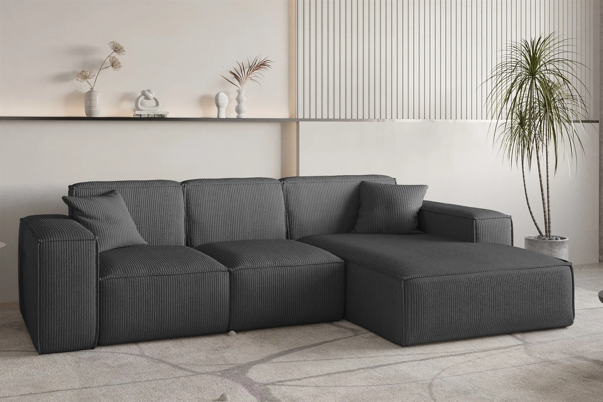 Ecksofa Designersofa CELES PREMIUM in Stoff Scala Anthrazit Ottomane Rechts - Fun Möbel