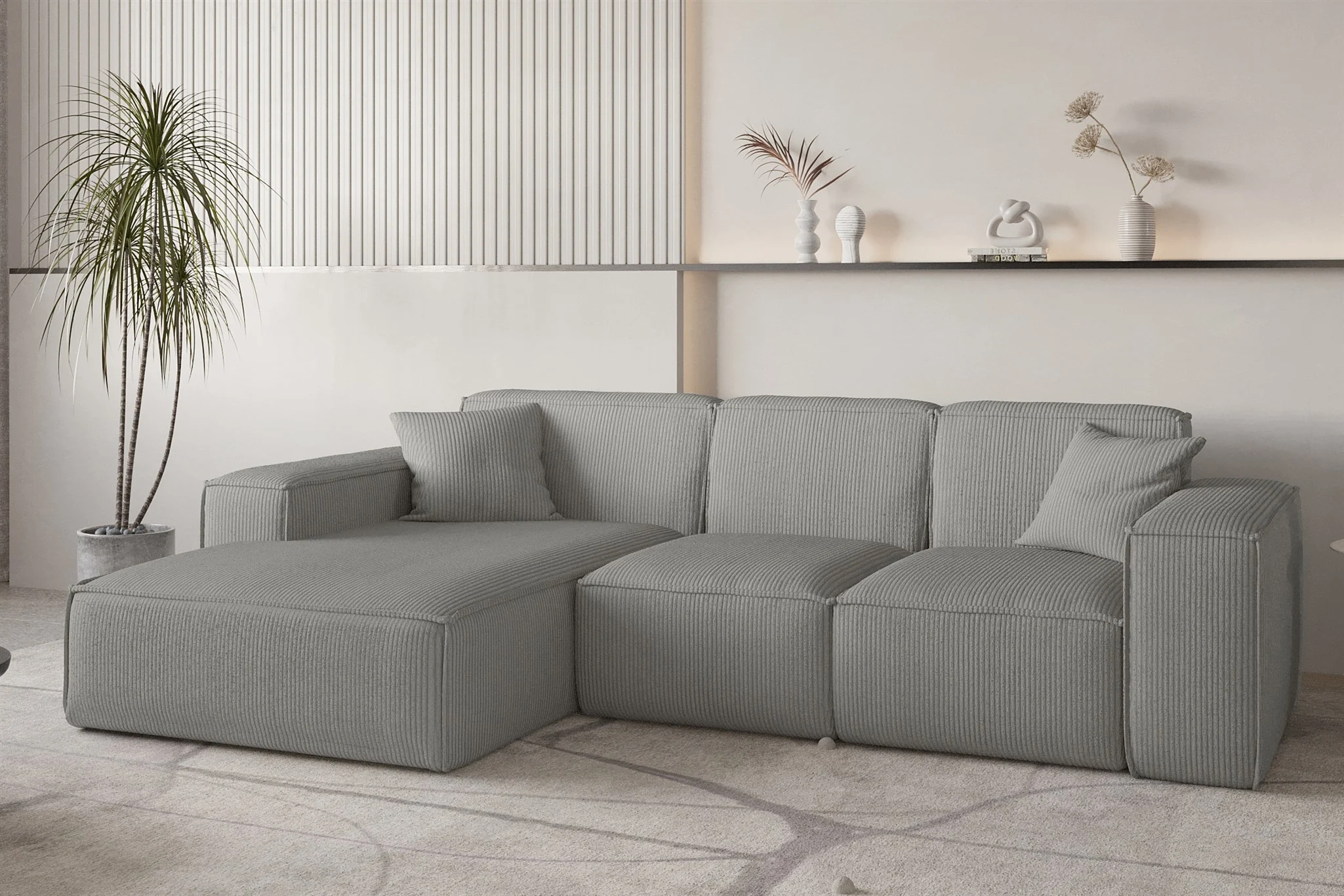 Ecksofa Designersofa CELES PREMIUM in Stoff Scala Grau Ottomane Links - Fun Möbel