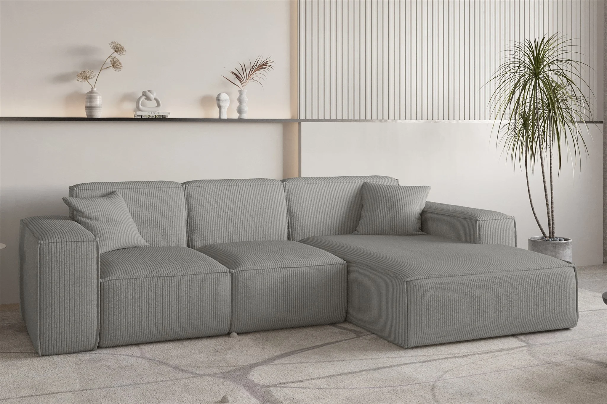 Ecksofa Designersofa CELES PREMIUM in Stoff Scala Grau Ottomane Rechts - Fun Möbel