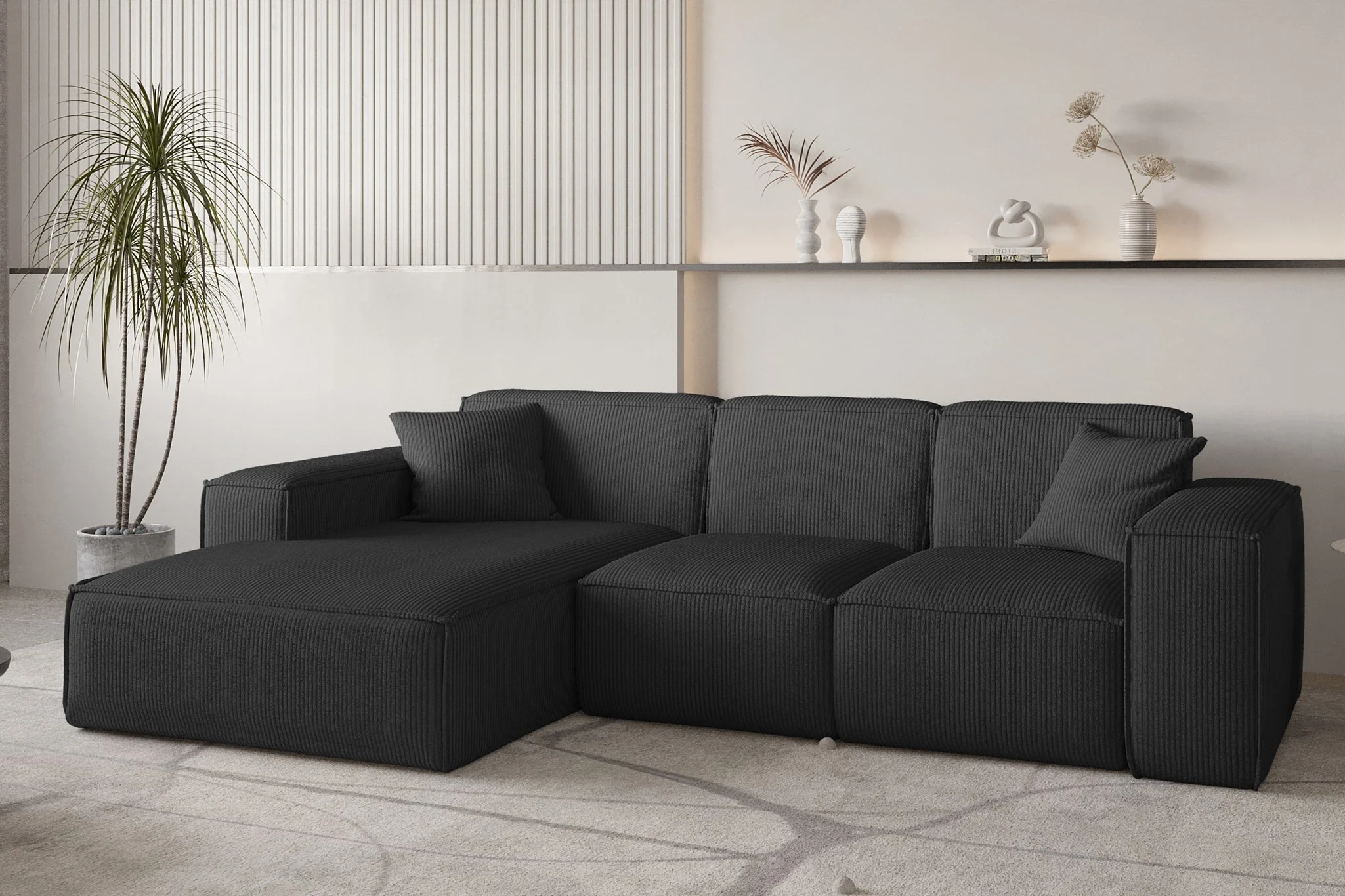 Ecksofa Designersofa CELES PREMIUM in Stoff Scala Schwarz Ottomane Links - Fun Möbel