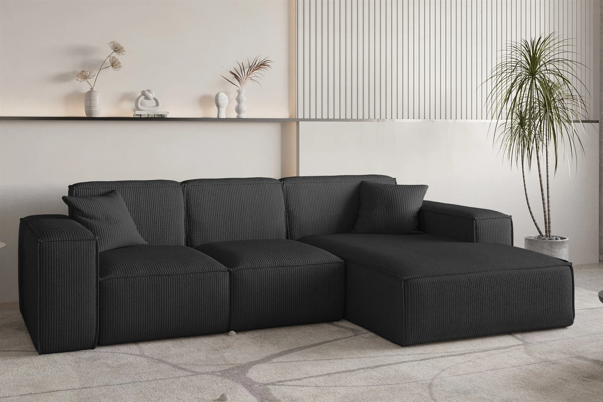 Ecksofa Designersofa CELES PREMIUM in Stoff Scala Schwarz Ottomane Rechts - Fun Möbel