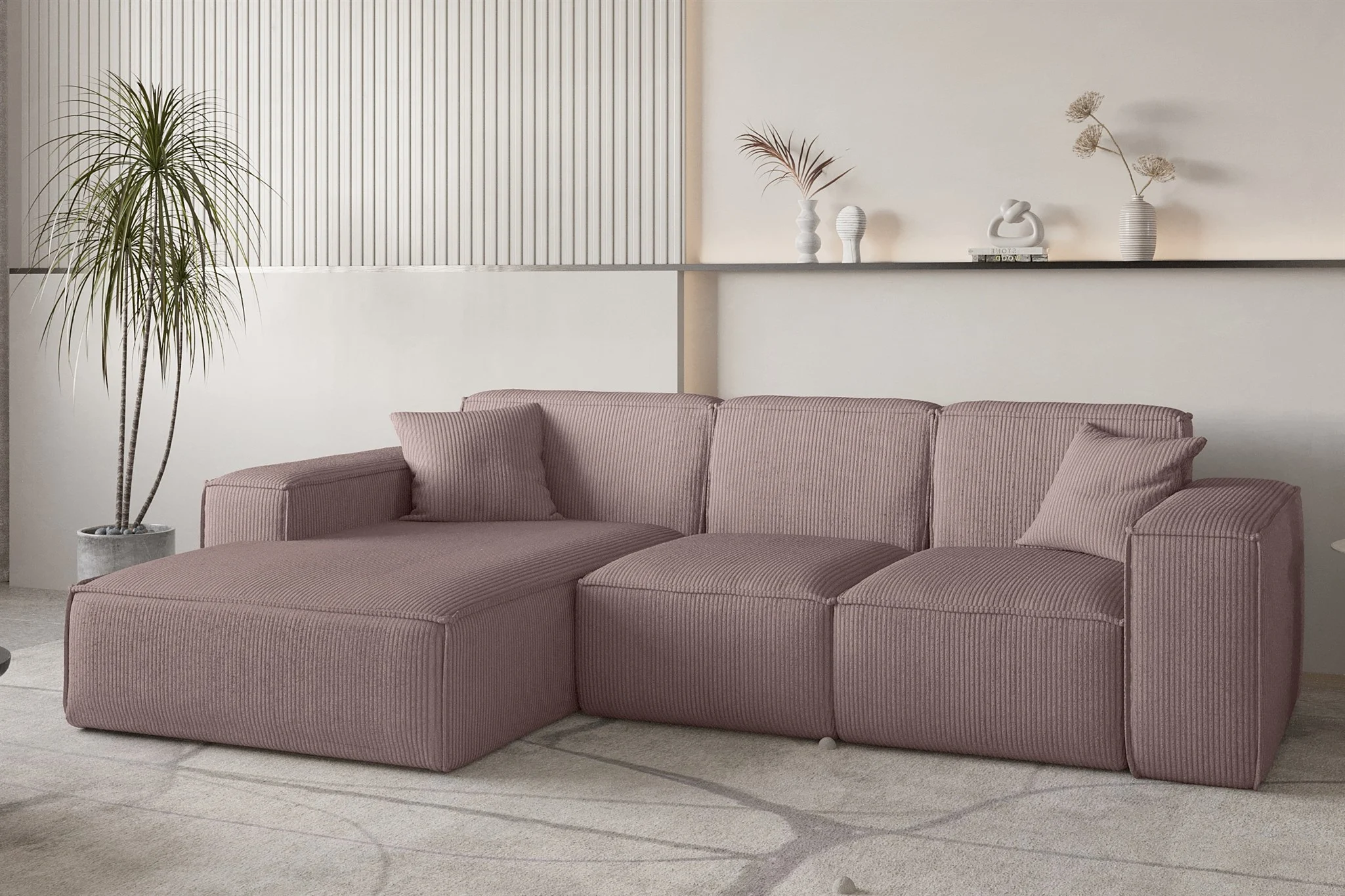 Ecksofa Designersofa CELES PREMIUM in Stoff Scala Lavendel Ottomane Links - Fun Möbel