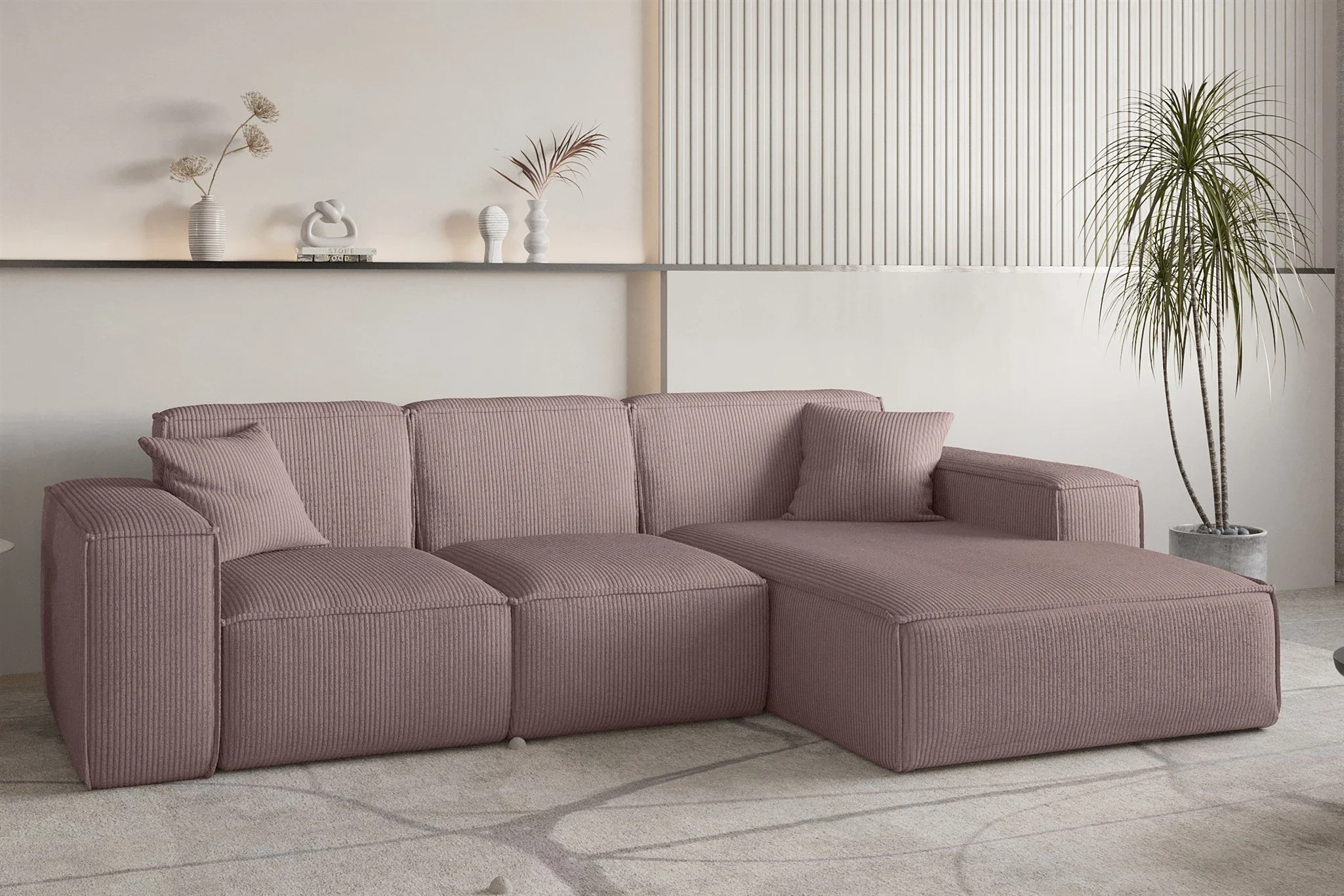 Ecksofa Designersofa CELES PREMIUM in Stoff Scala Lavendel Ottomane Rechts - Fun Möbel